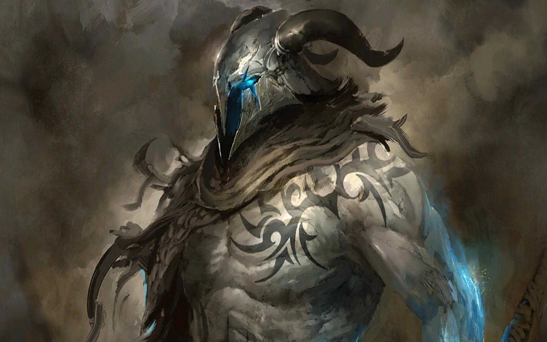 Fantasy warrior with horned helmet and tattoos HD Wallpaper