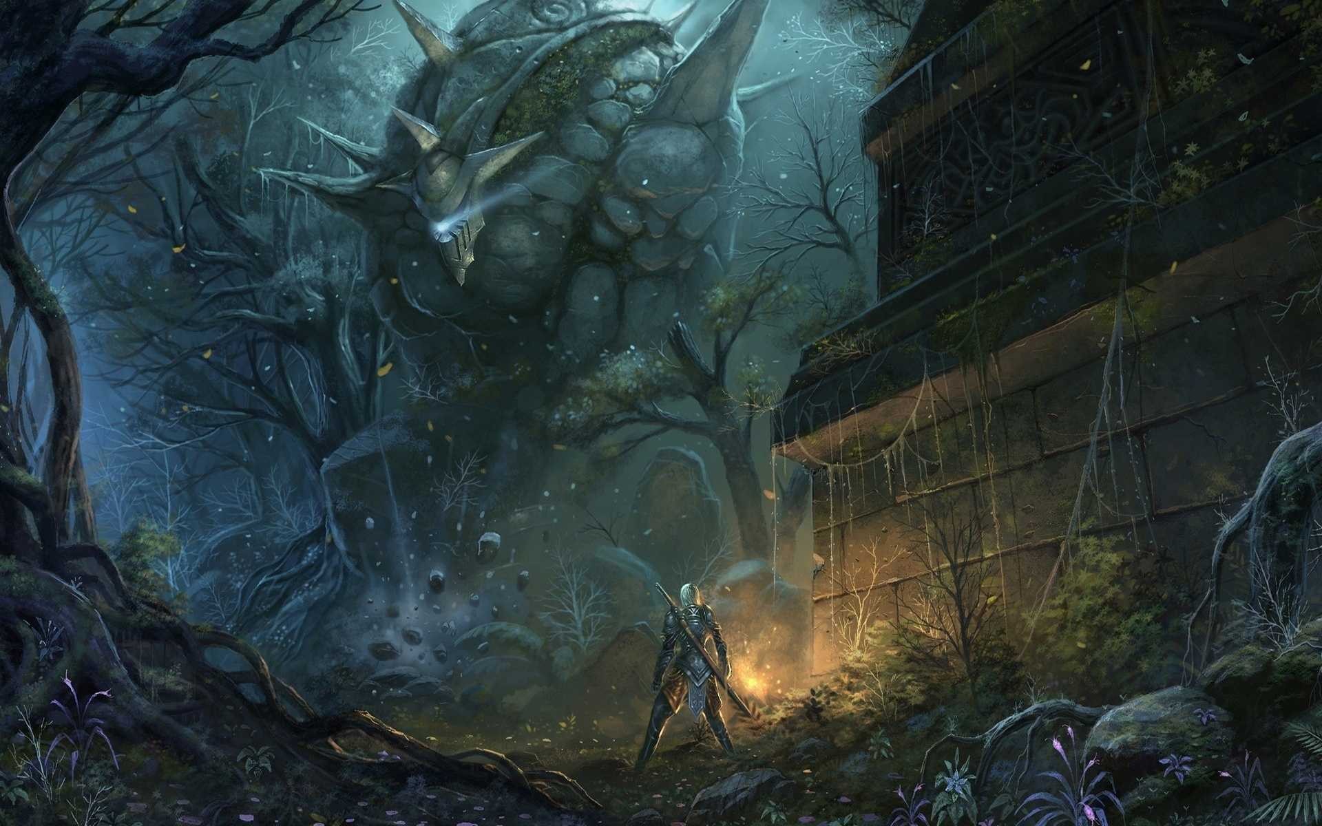 Giant stone creature in a dark forest with a warrior HD Wallpaper