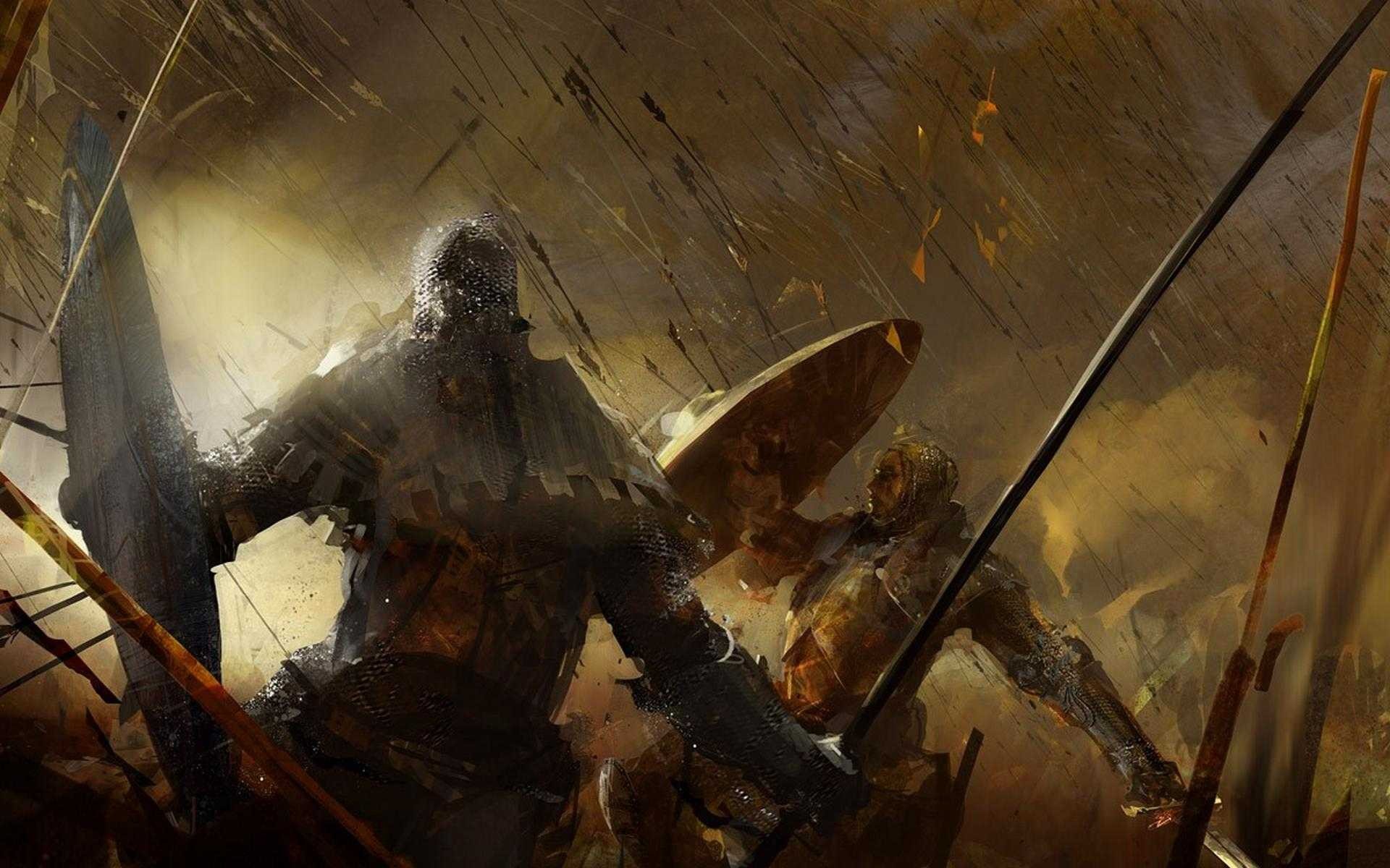 Fantasy warriors in battle with arrows flying HD Wallpaper