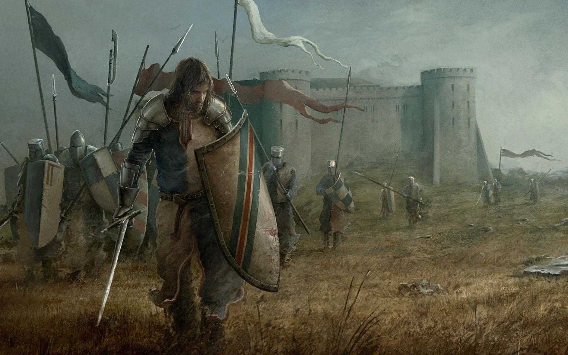 Knights approaching a castle with banners HD Wallpaper