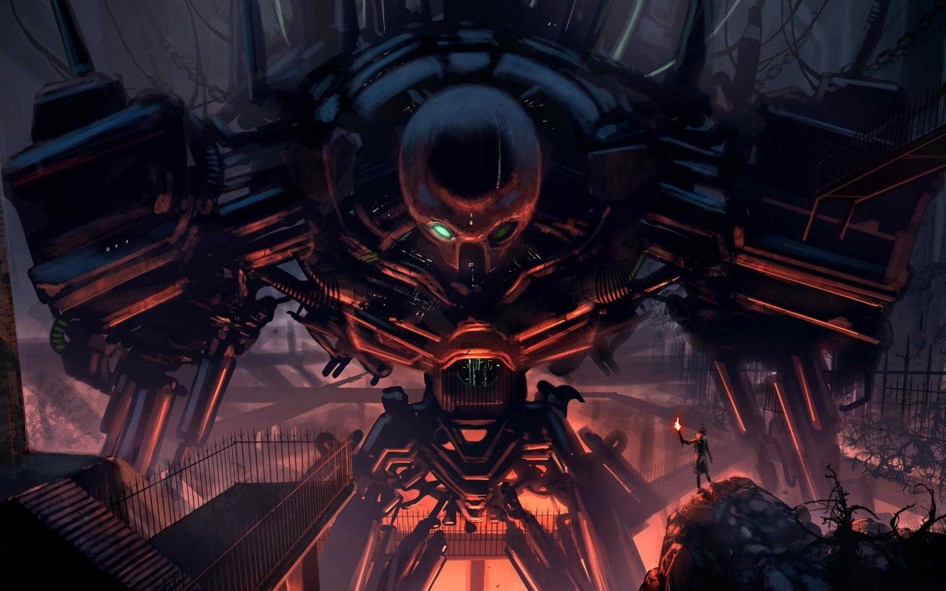 Giant robot with glowing eyes and a small figure holding a torch HD Wallpaper