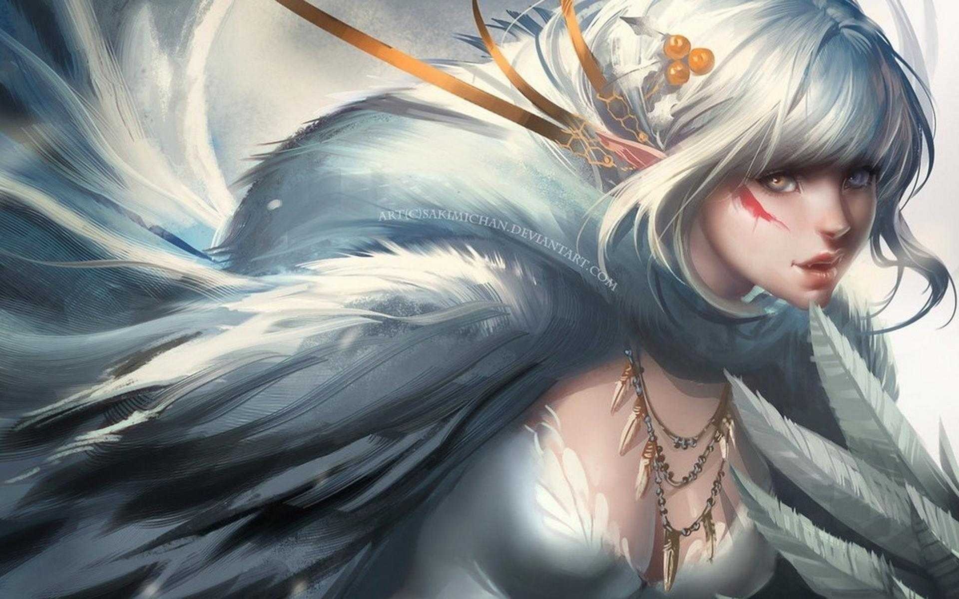 Sakimichan's Artwork of a White-Haired Woman HD Wallpaper