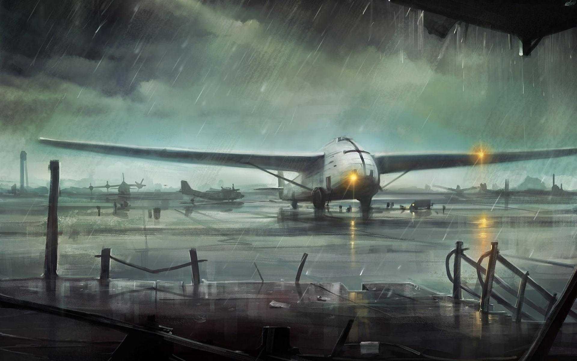 Aircraft on an airport tarmac in the rain HD Wallpaper