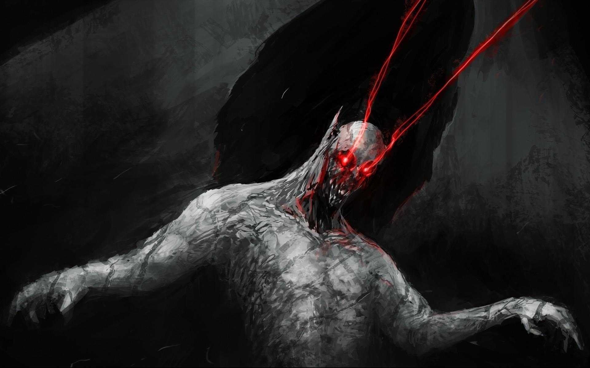 Creature with glowing red eyes and white skin HD Wallpaper