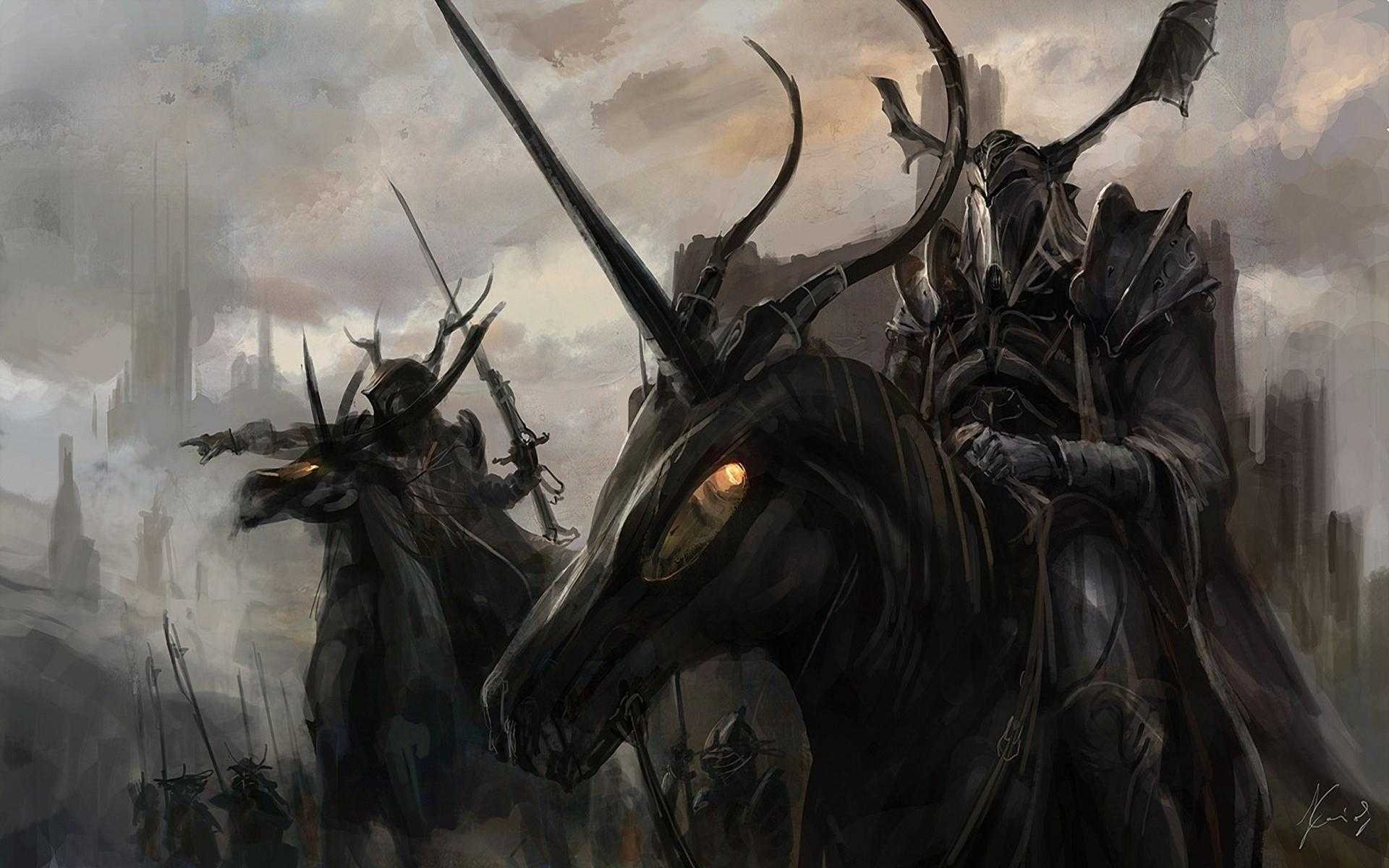 Dark riders on horseback in a fantasy landscape HD Wallpaper