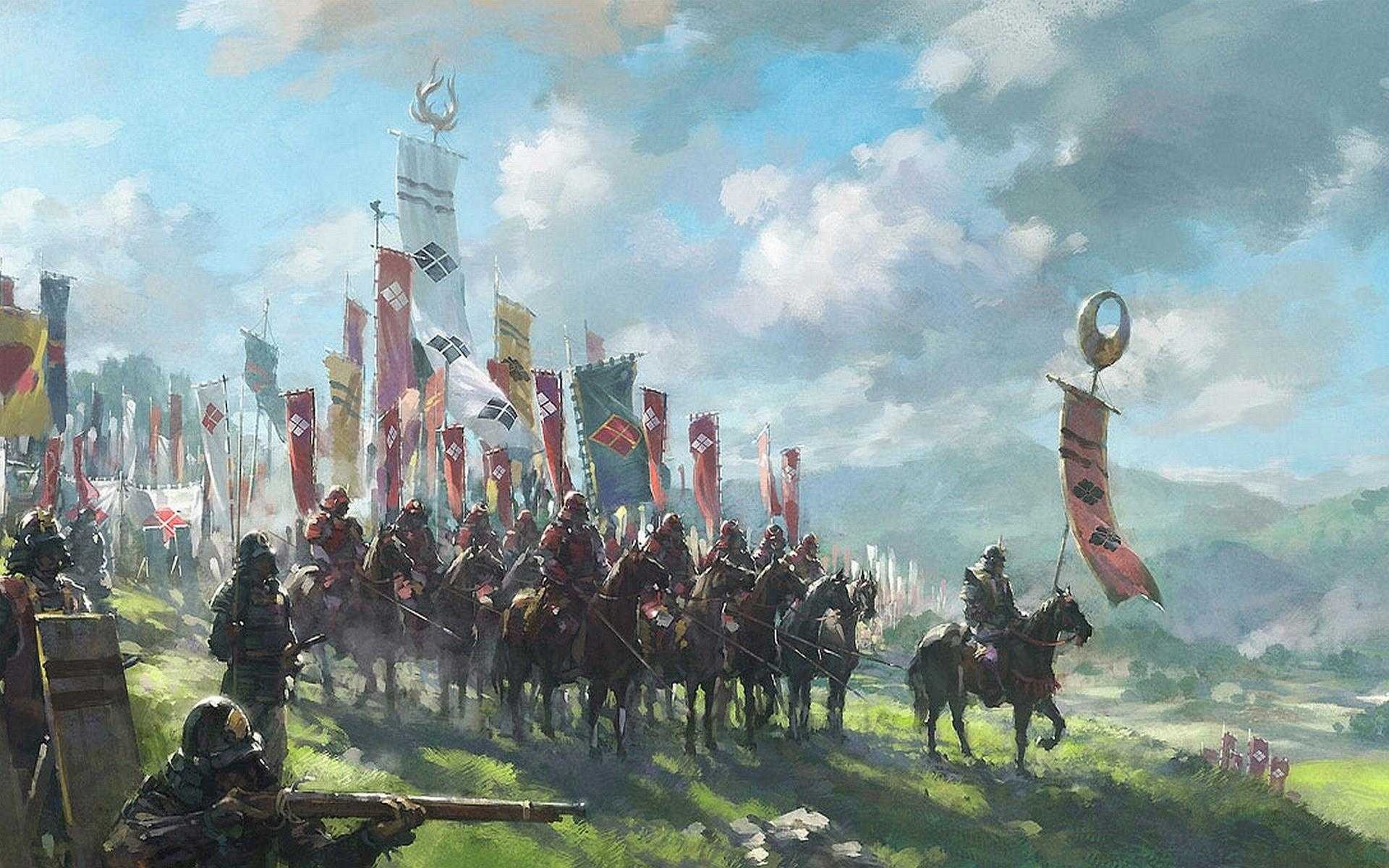 Samurai army with banners on horseback HD Wallpaper