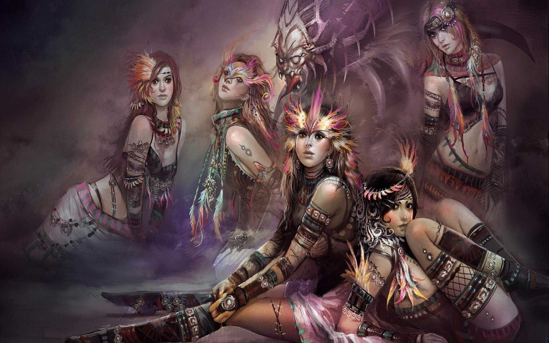 Fantasy art of women and a creature HD Wallpaper