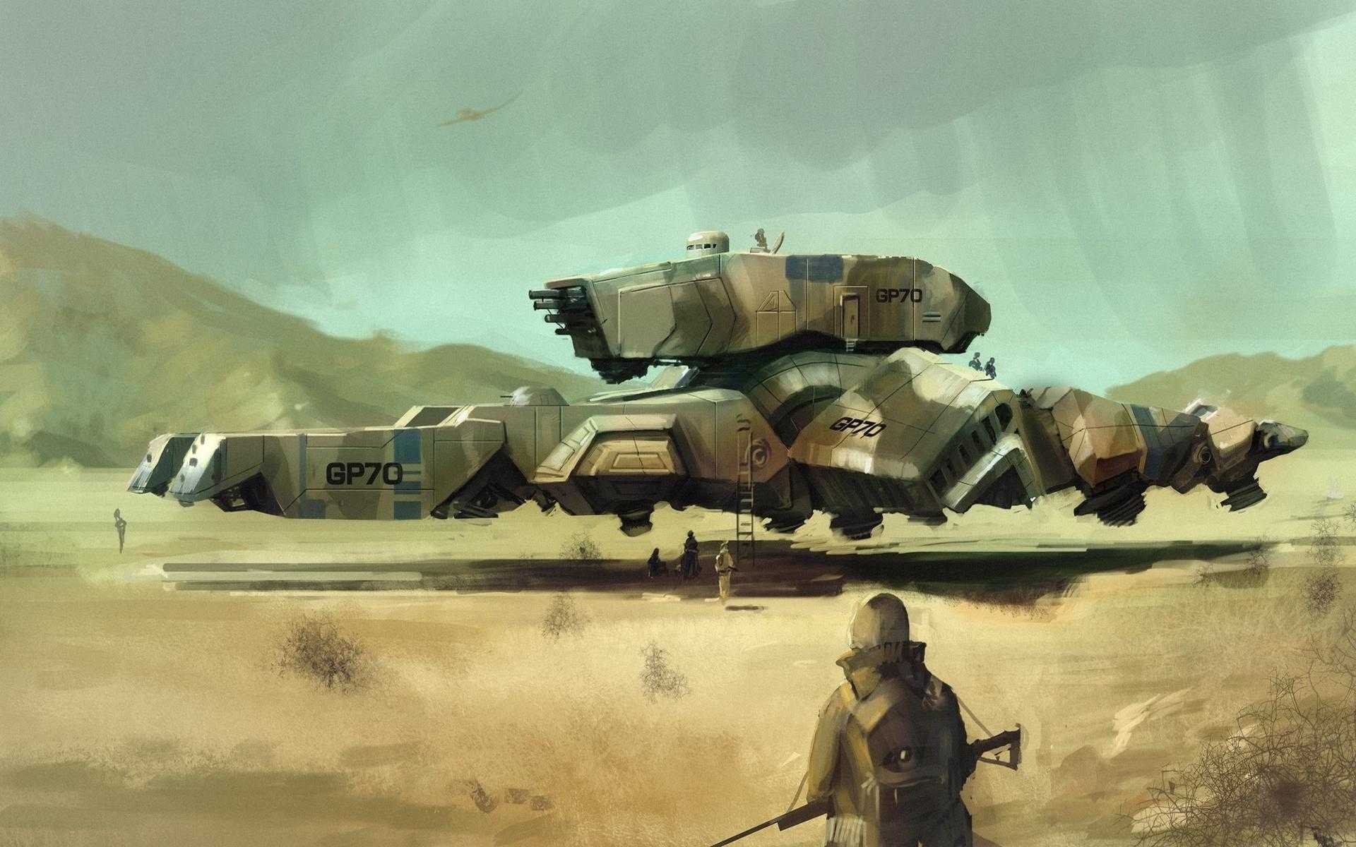 A futuristic tank with GP70 markings in a desert landscape HD Wallpaper