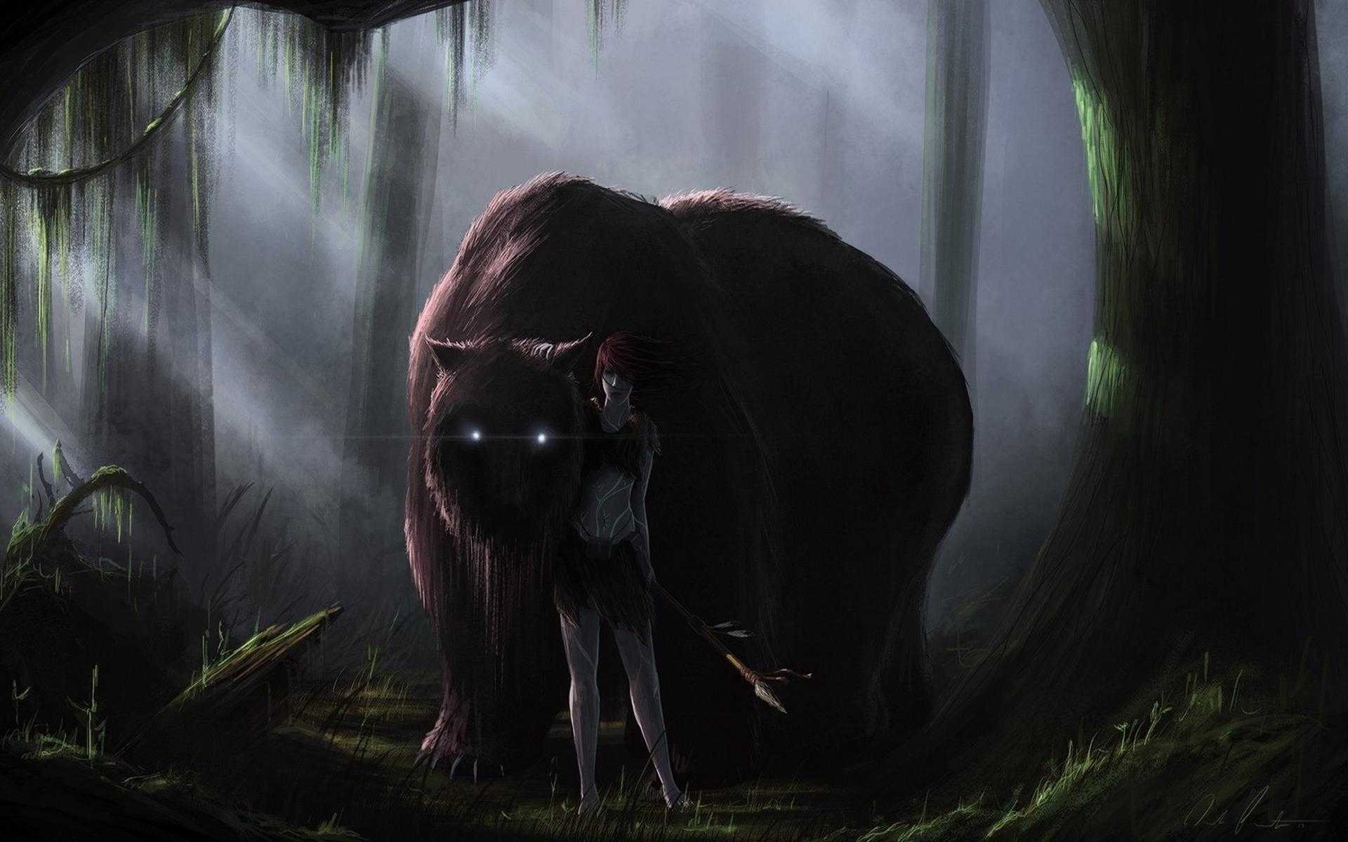 Fantasy art of a girl and a bear in a forest HD Wallpaper