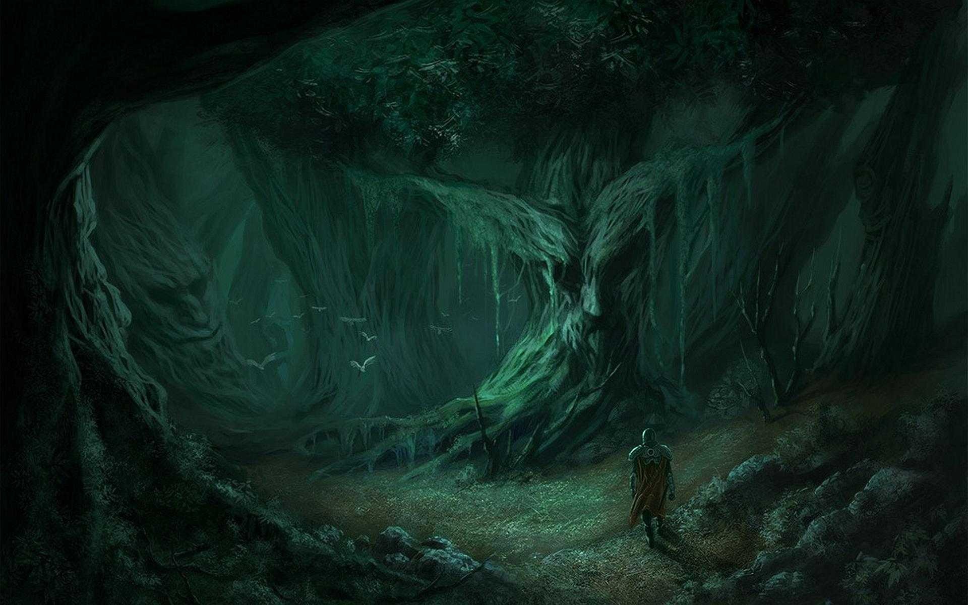 Fantasy art of a person walking in a dark forest HD Wallpaper
