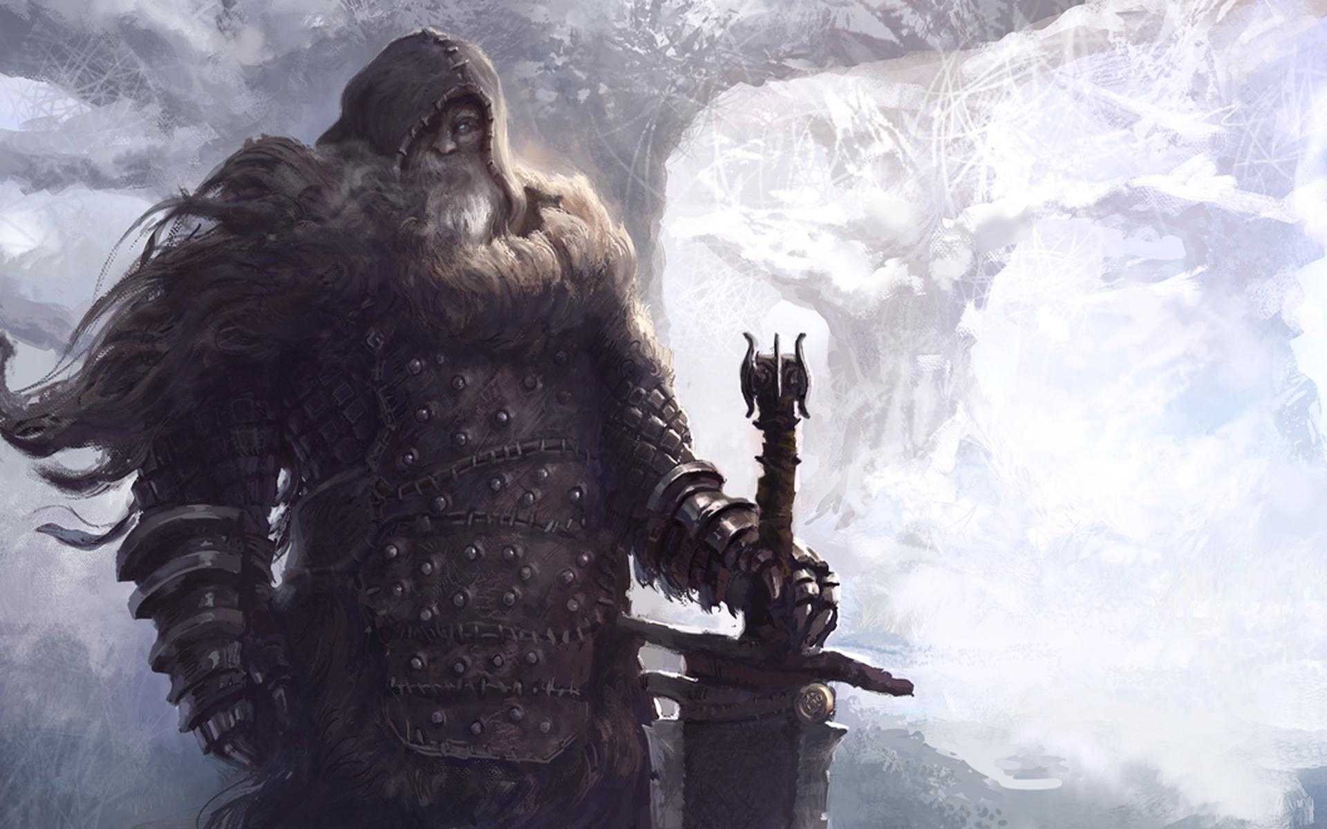 Fantasy warrior with a large sword and fur cloak HD Wallpaper