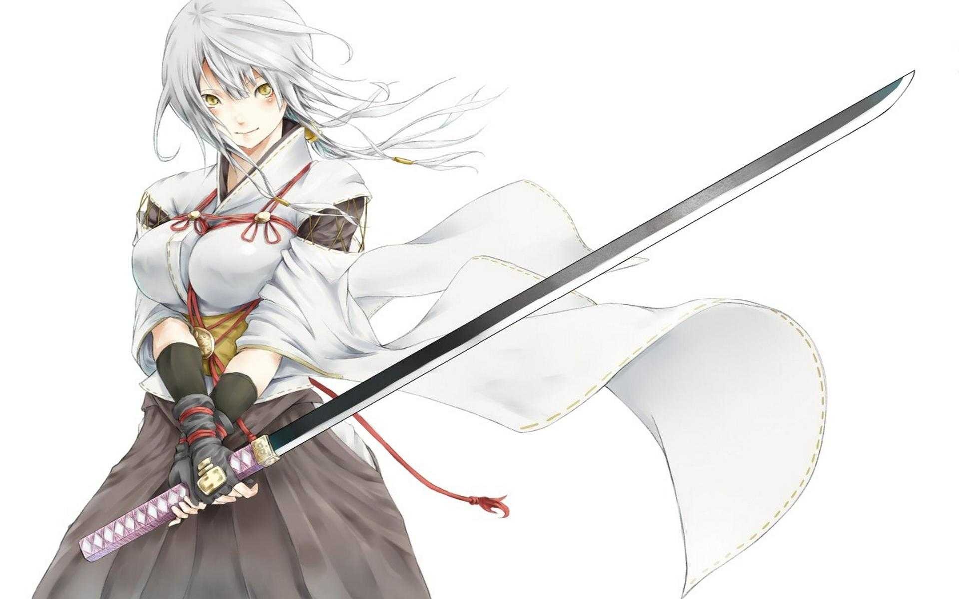 Anime girl with white hair holding a katana HD Wallpaper