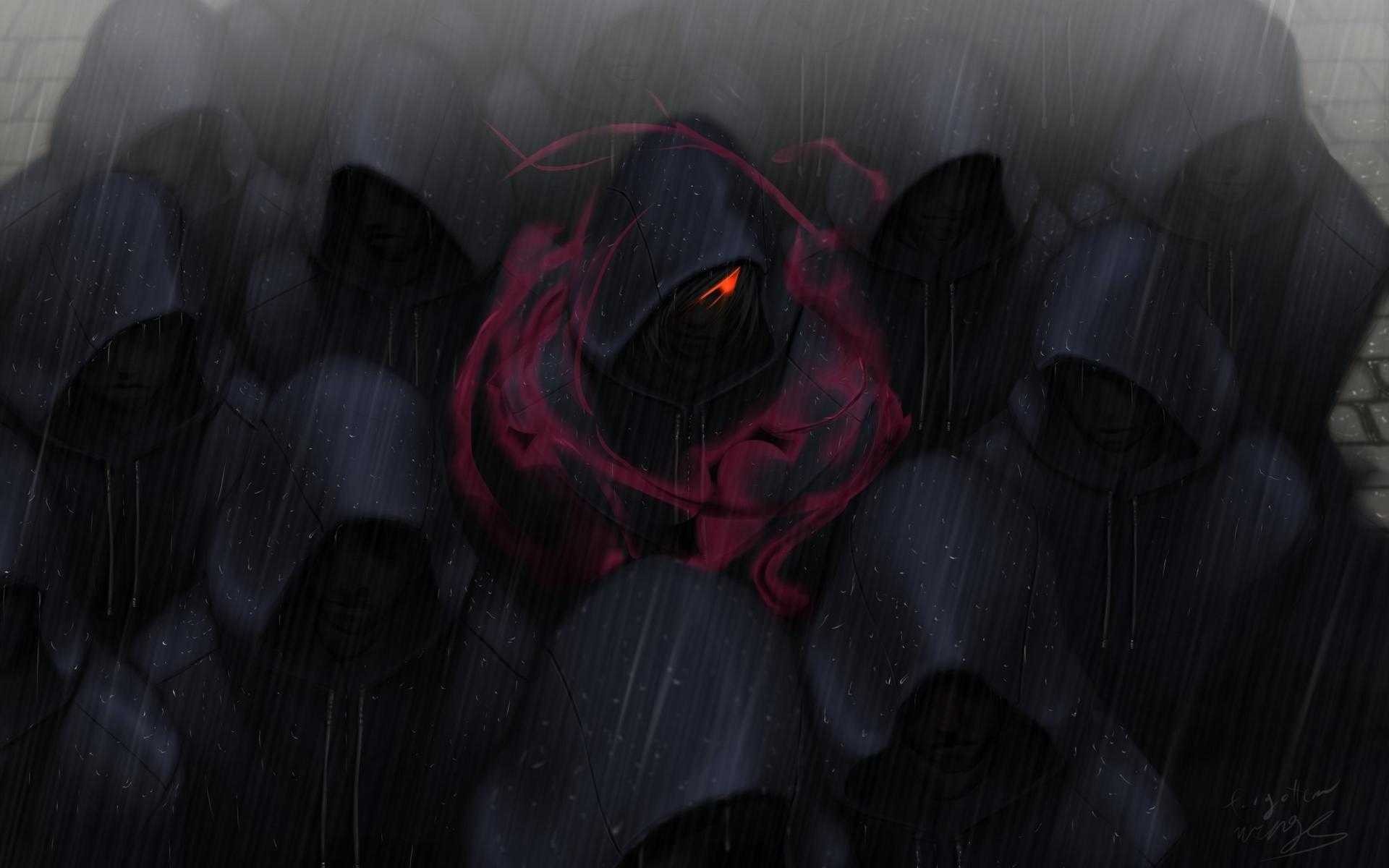 Hooded figures in the rain with a glowing figure HD Wallpaper