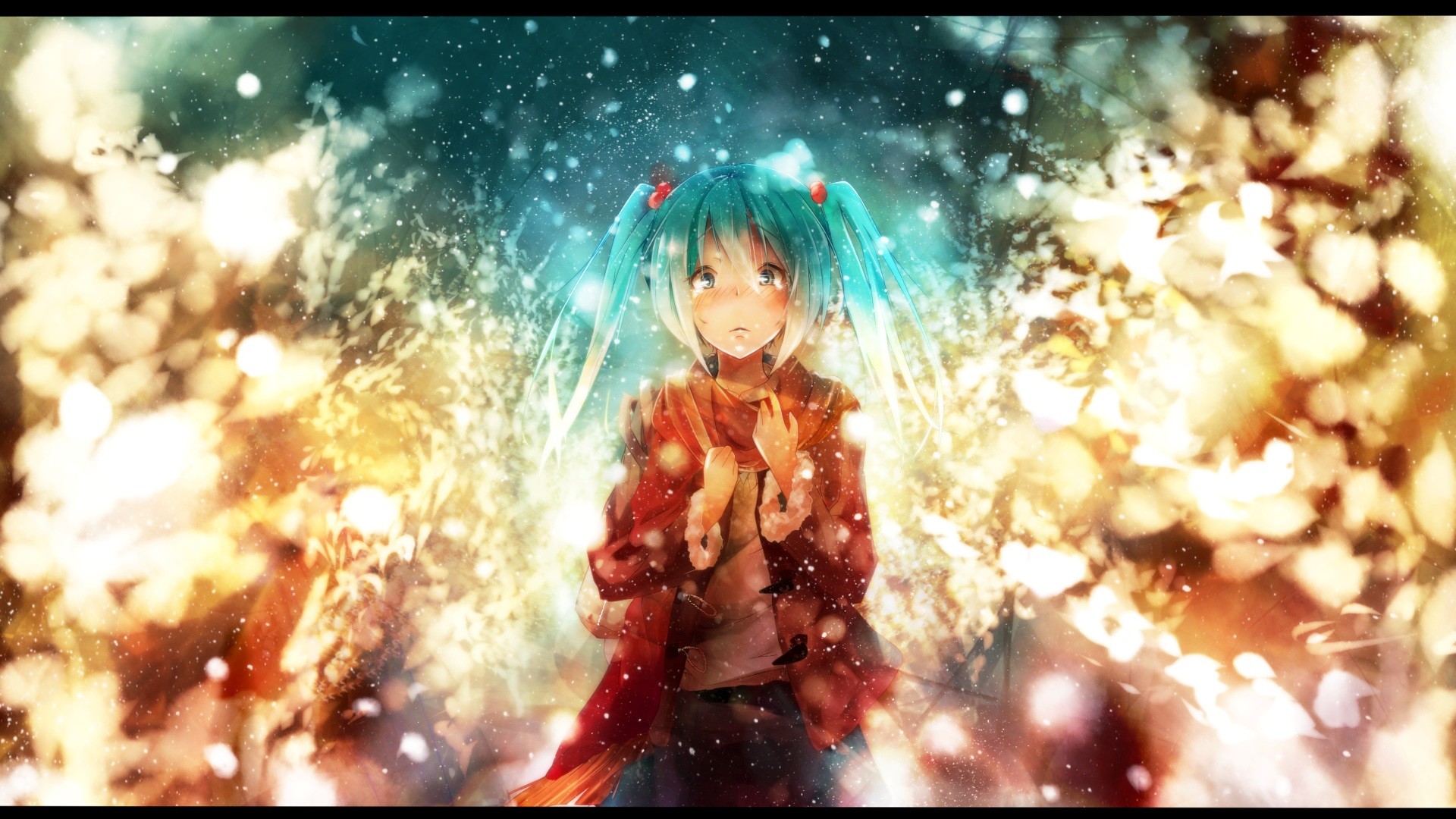 Hatsune Miku in a snowy, glowing forest HD Wallpaper