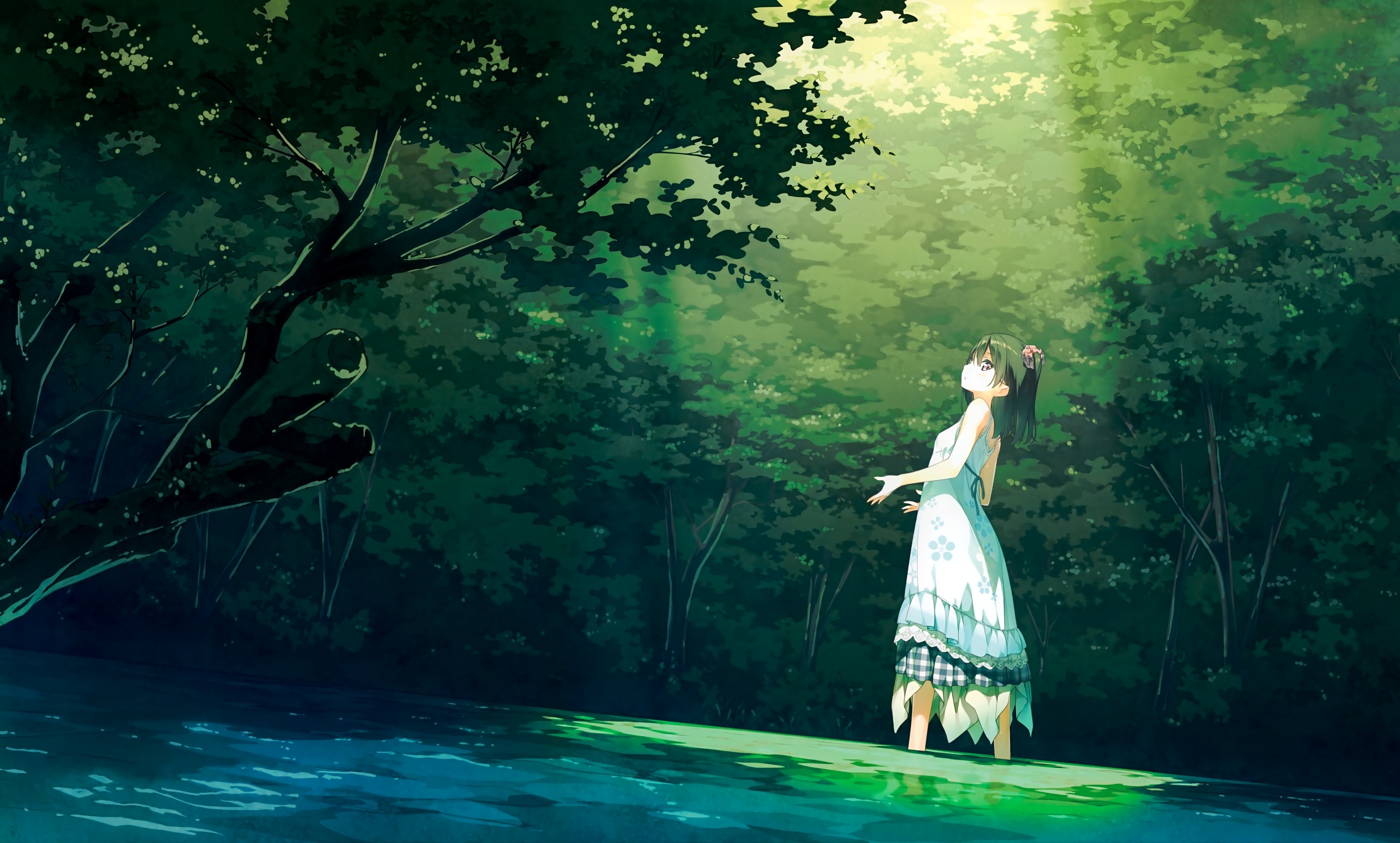 landscape, trees, dress, black hair, forest, green, original characters, anime, Afterschool of the 5th year, park, anime girls, Shizuku (Kantoku), white dress, Kantoku, short hair HD Wallpaper