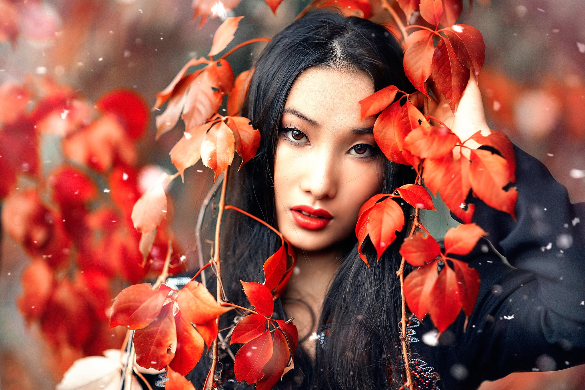Asian woman with red leaves HD Wallpaper