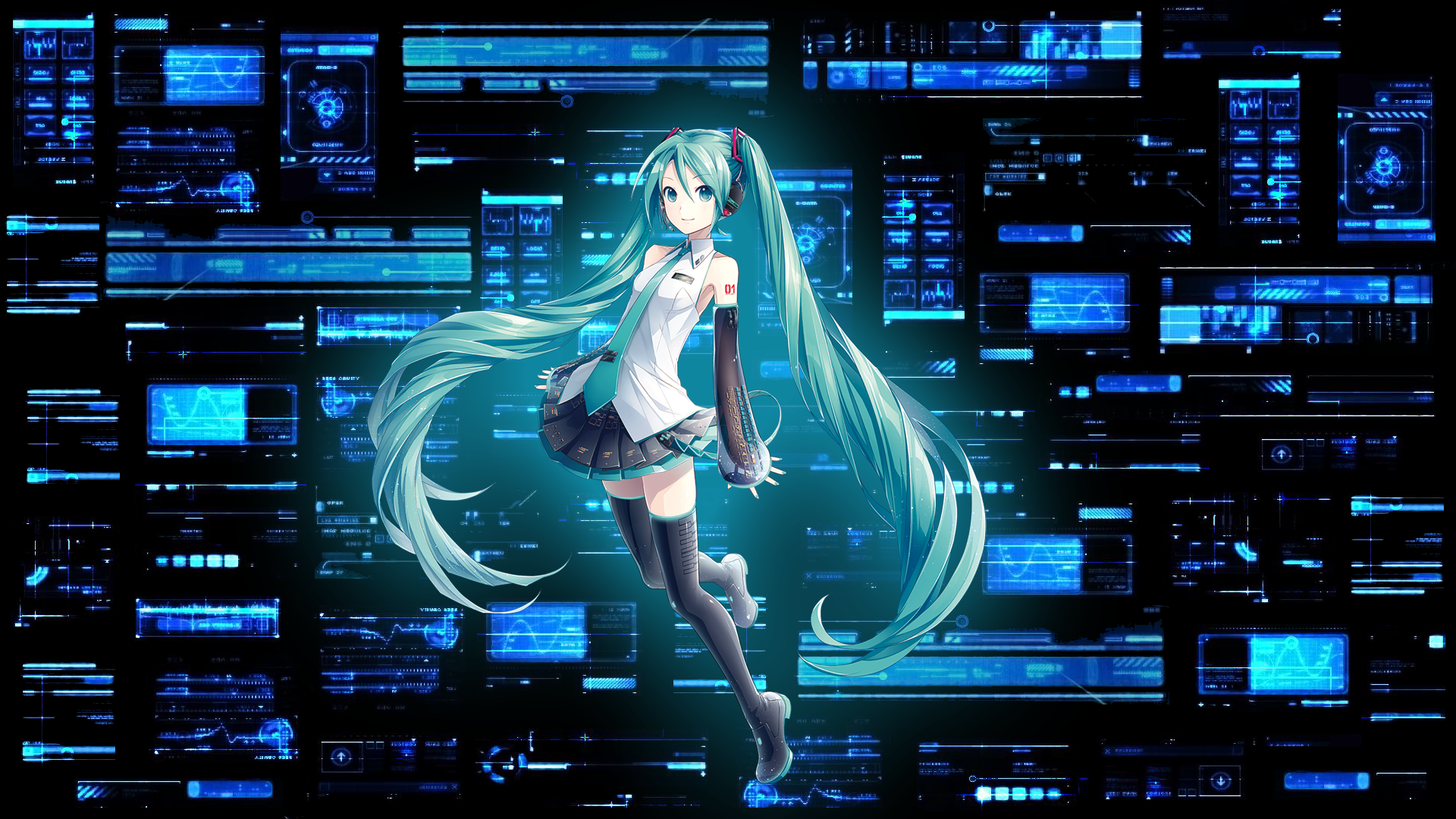 Hatsune Miku in front of a futuristic blue interface HD Wallpaper