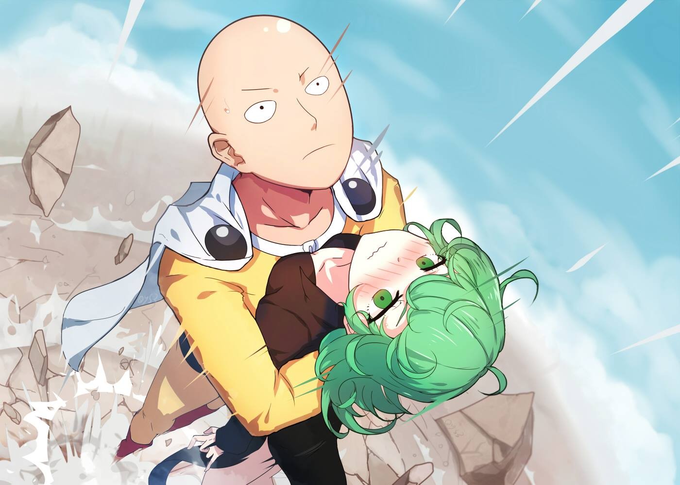 Saitama holding Tatsumaki from One-Punch Man HD Wallpaper