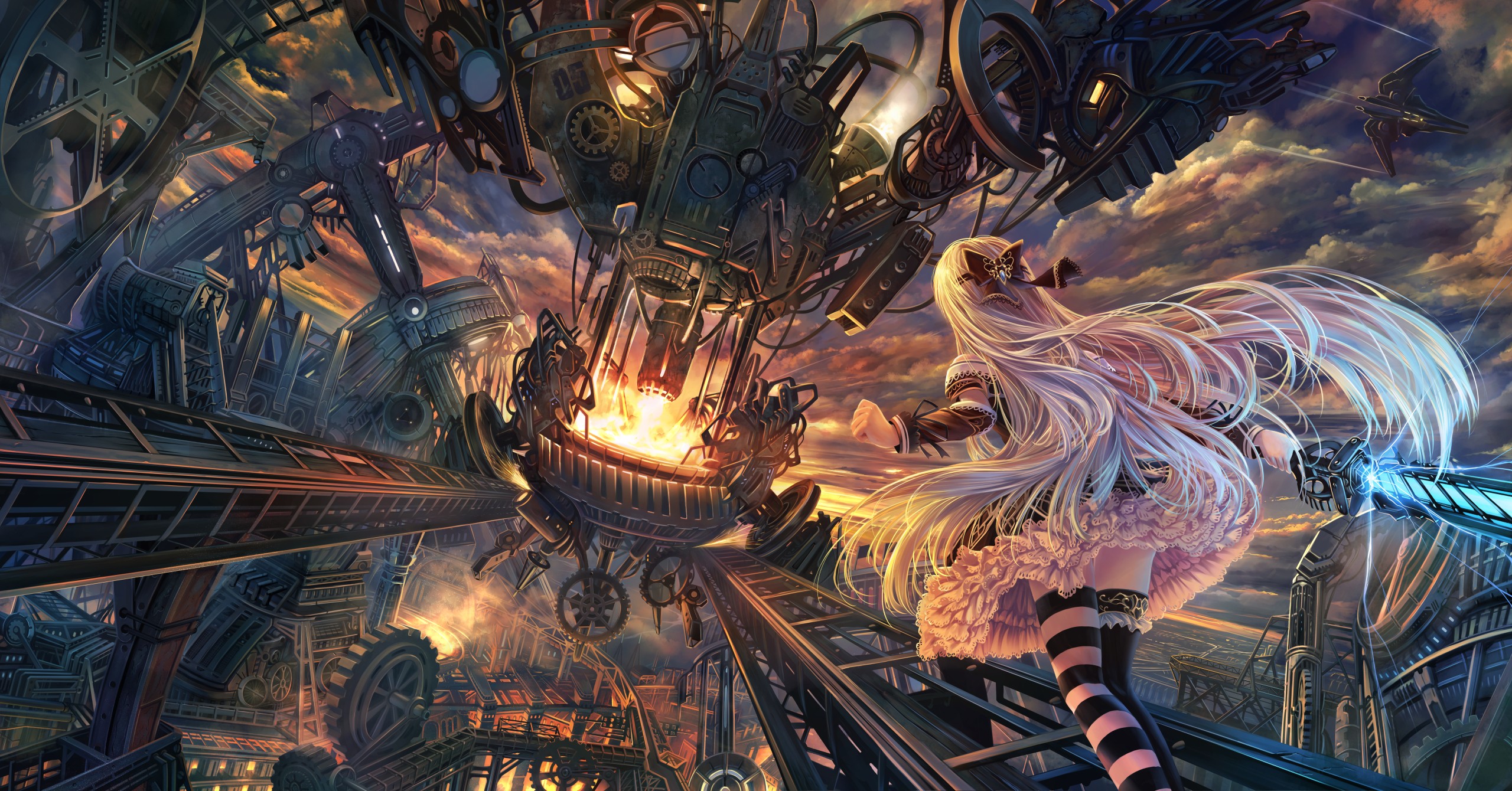 Anime girl with long blonde hair in a steampunk city HD Wallpaper