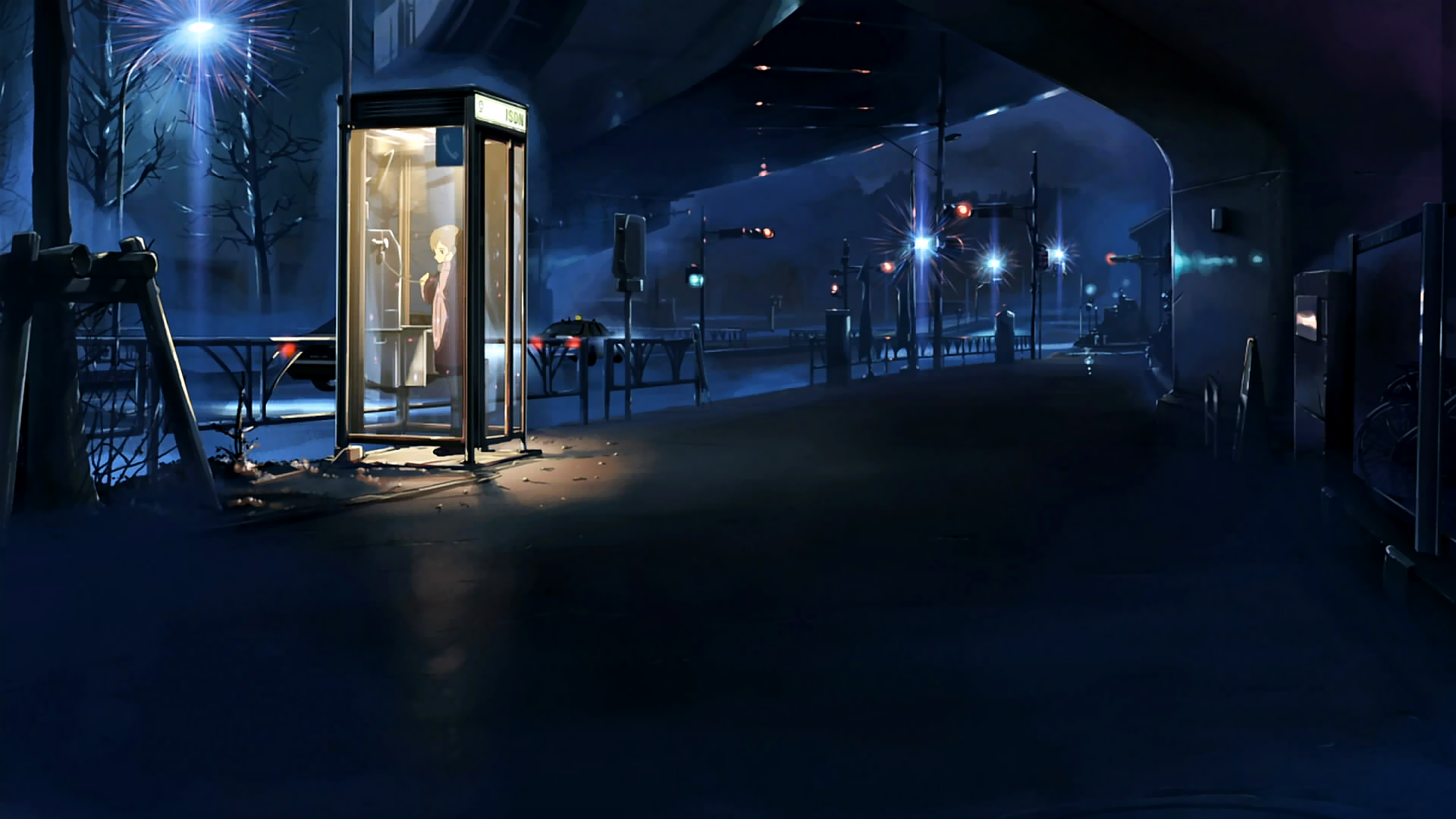 Anime girl in a phone booth at night HD Wallpaper