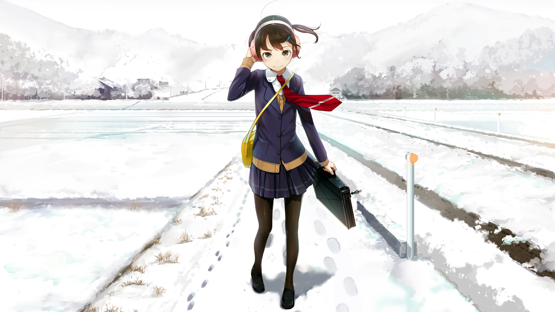 Anime girl in school uniform walking in snow HD Wallpaper