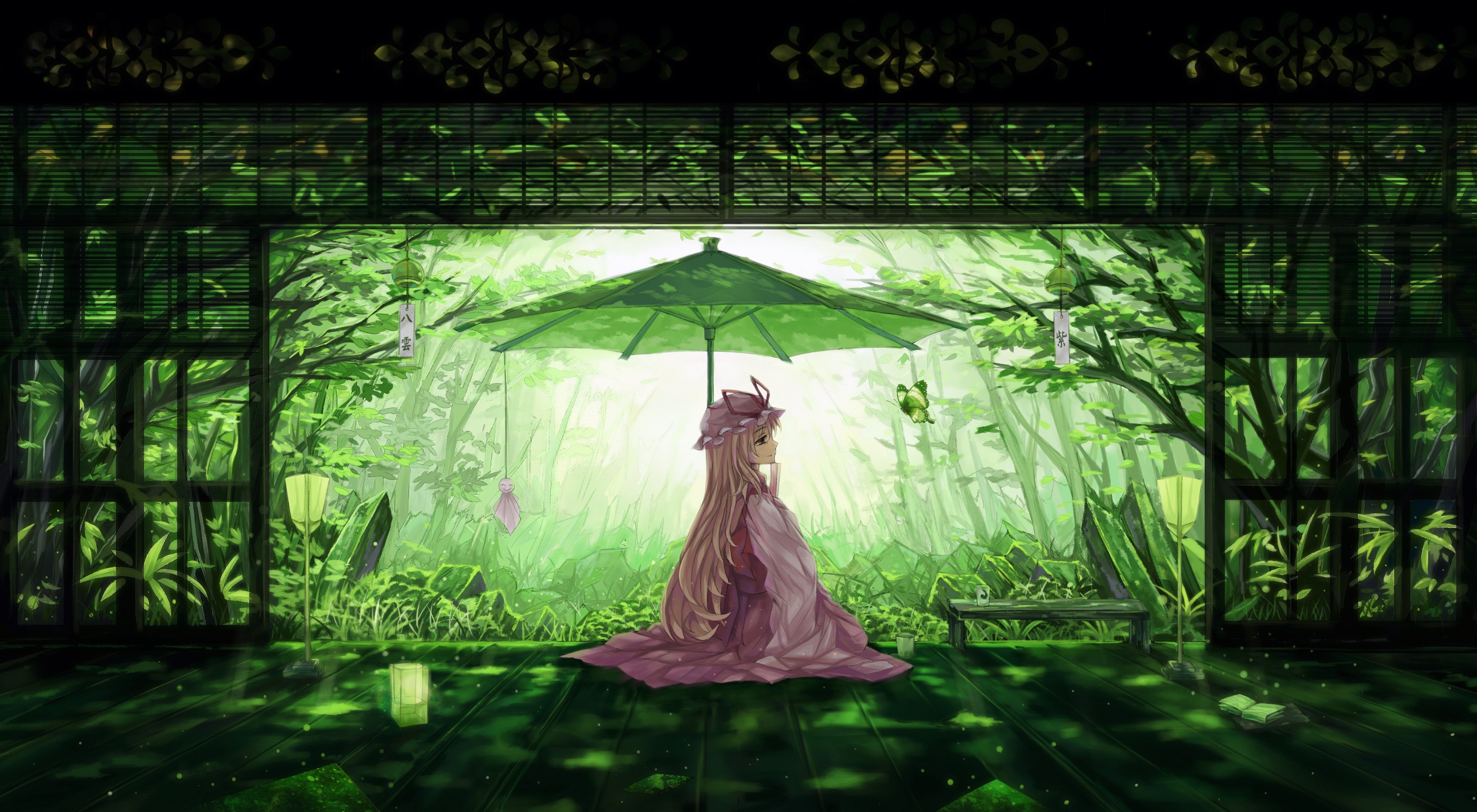 Yakumo Yukari under a parasol in a bamboo forest HD Wallpaper