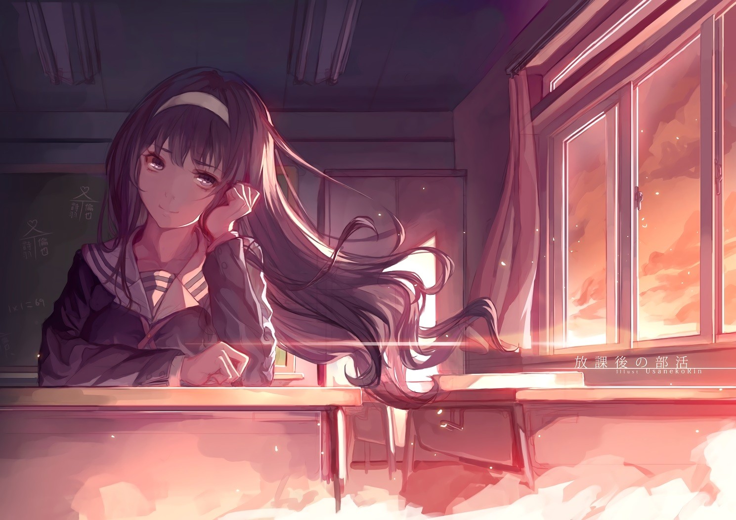 Kasumigaoka Utaha in a classroom at sunset HD Wallpaper