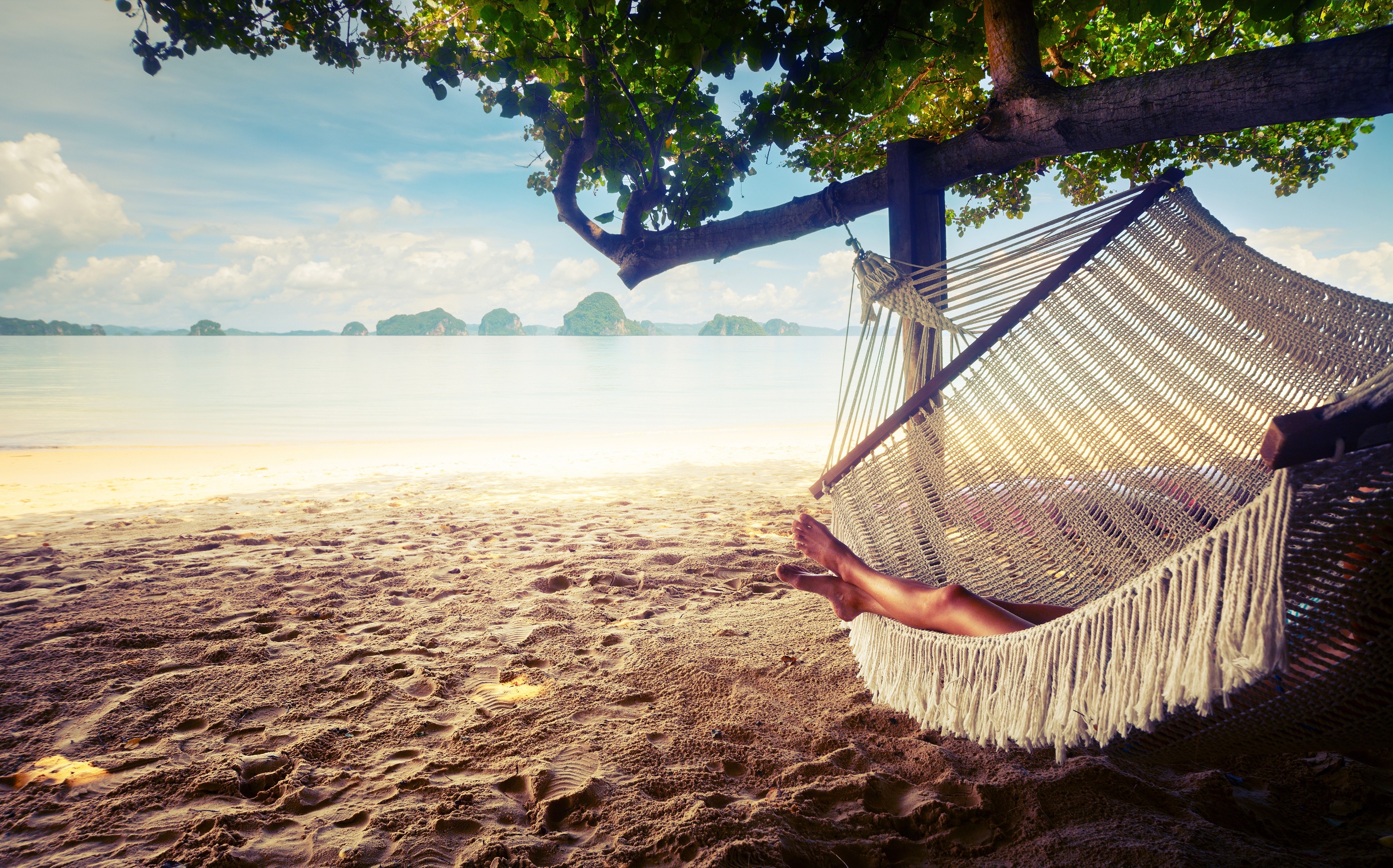 Woman relaxing in a hammock on a tropical beach HD Wallpaper