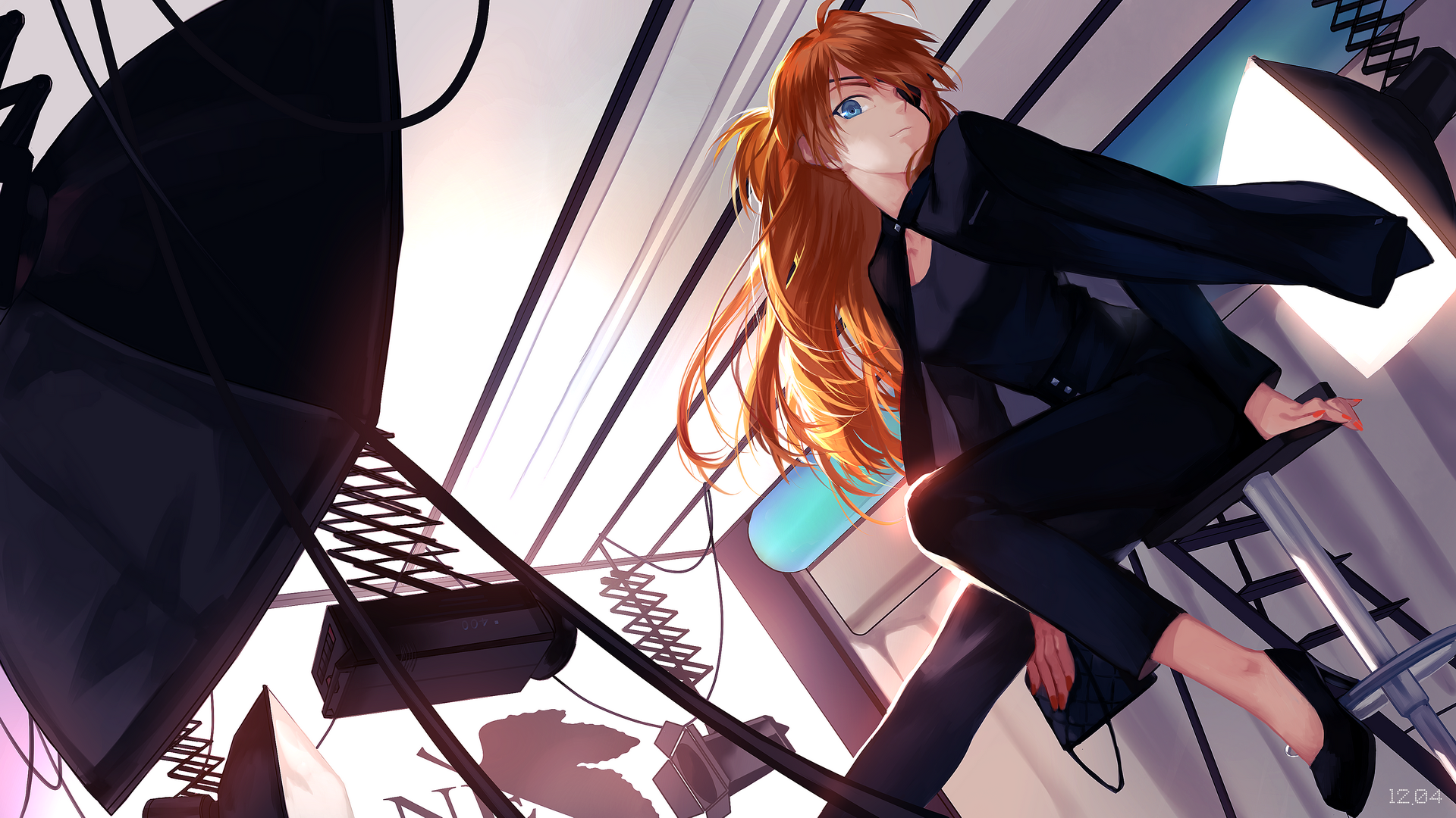 Asuka Langley Shikinami in a black suit HD Wallpaper