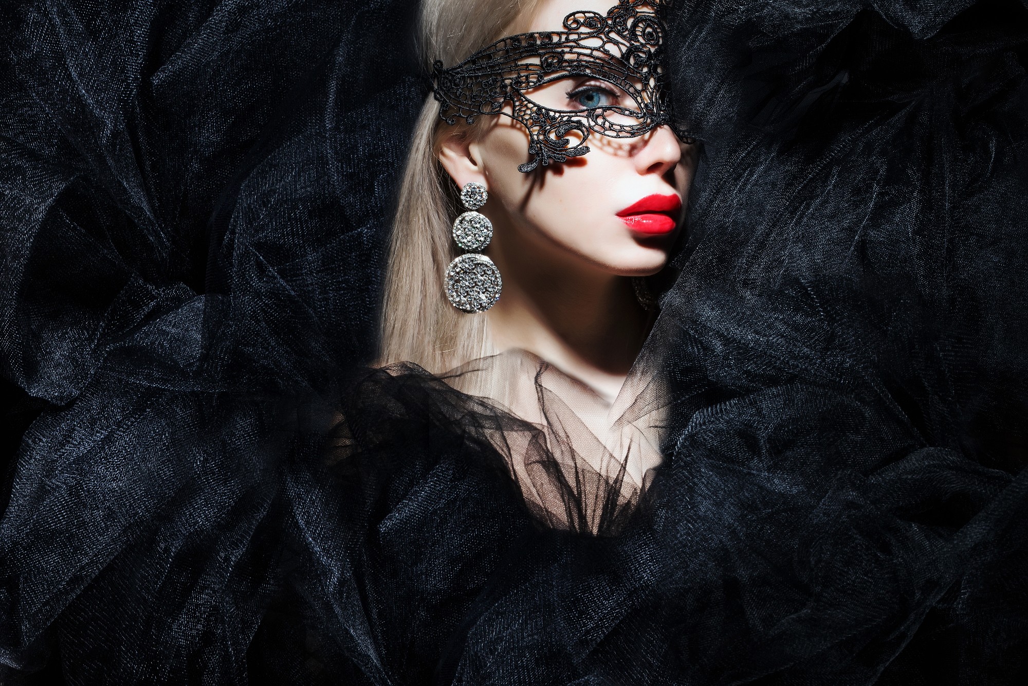 Woman wearing a black lace mask and earrings HD Wallpaper