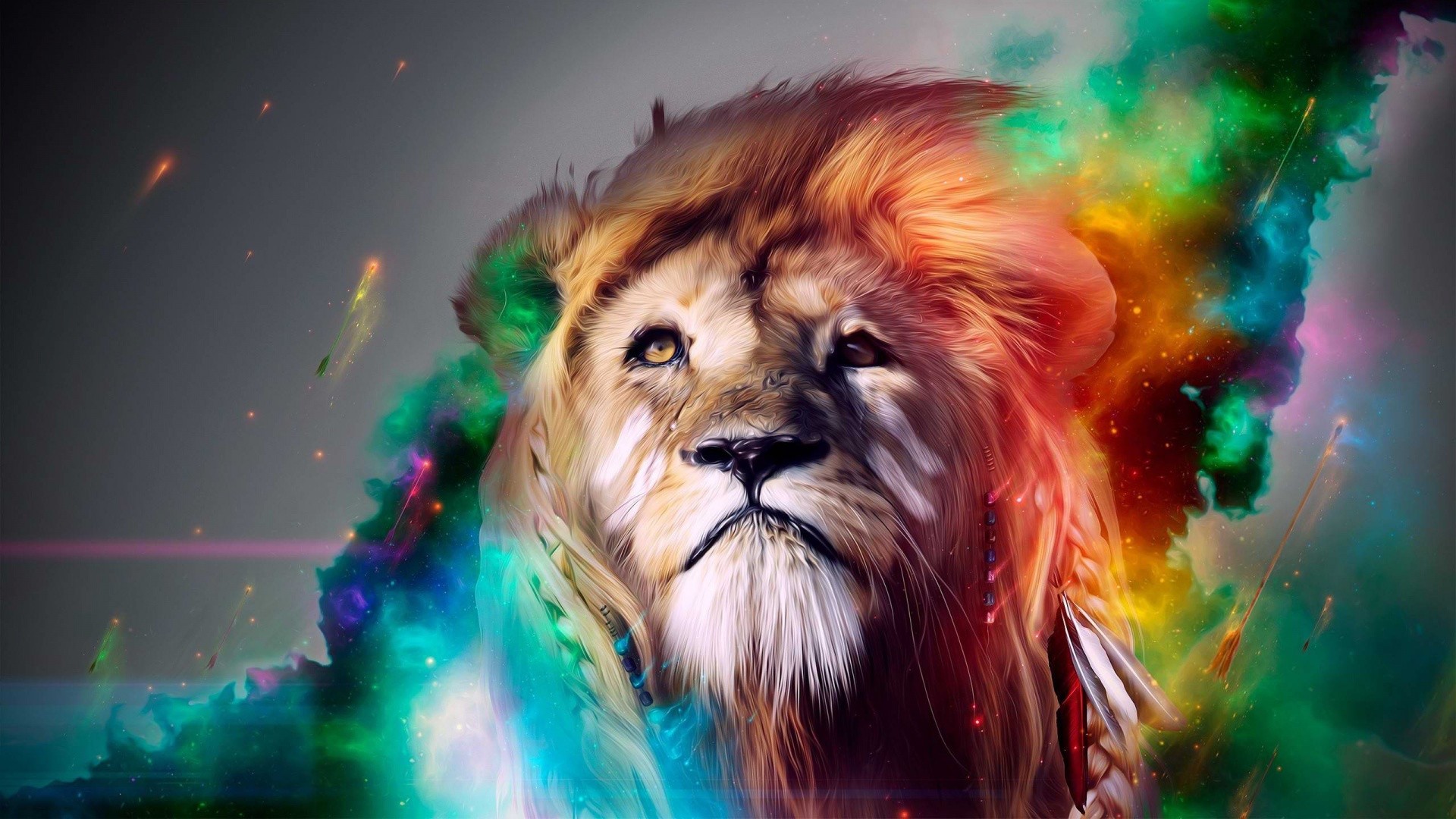 Colorful artwork of a lion with cosmic elements HD Wallpaper
