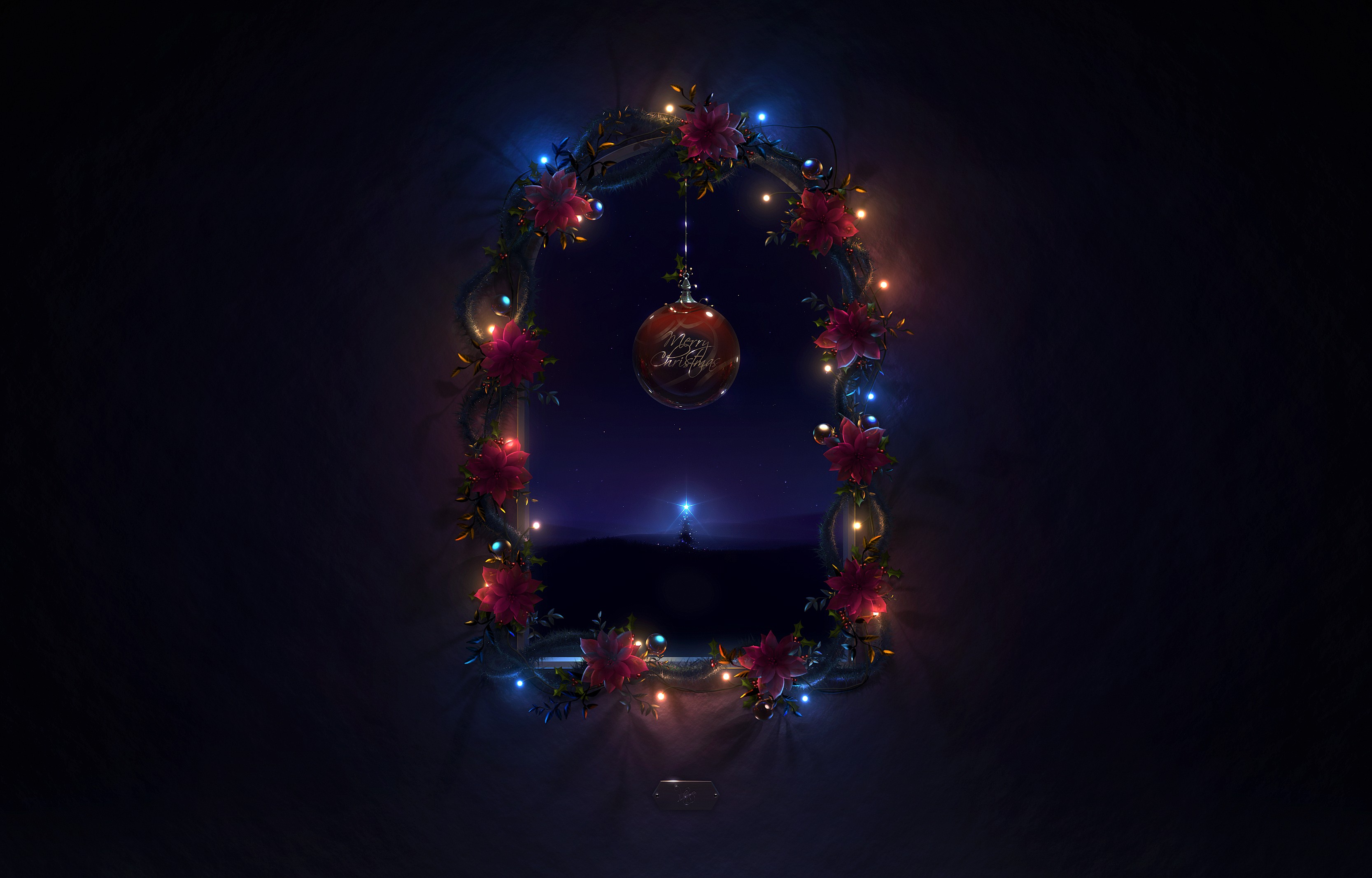 Christmas wreath with ornament and distant star HD Wallpaper