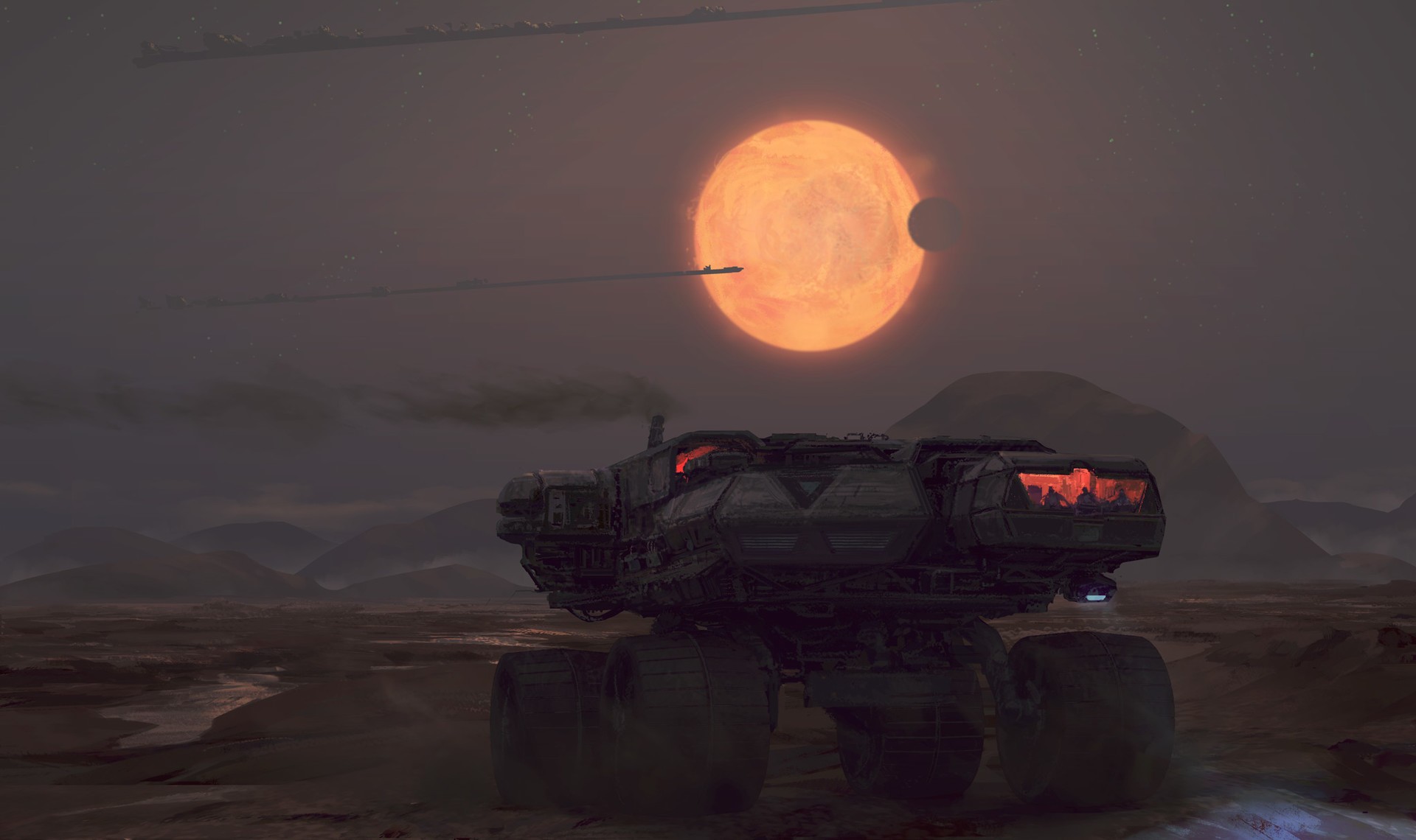 Futuristic rover on a desolate planet with a large sun HD Wallpaper
