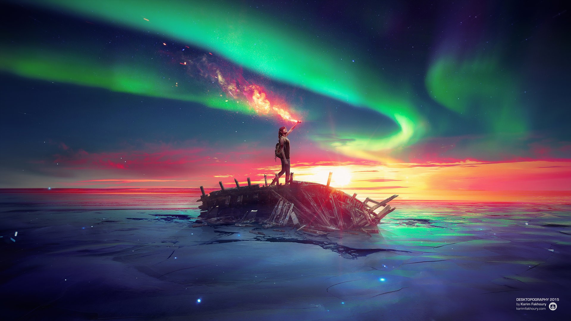 Person holding flare on shipwreck under aurora borealis HD Wallpaper