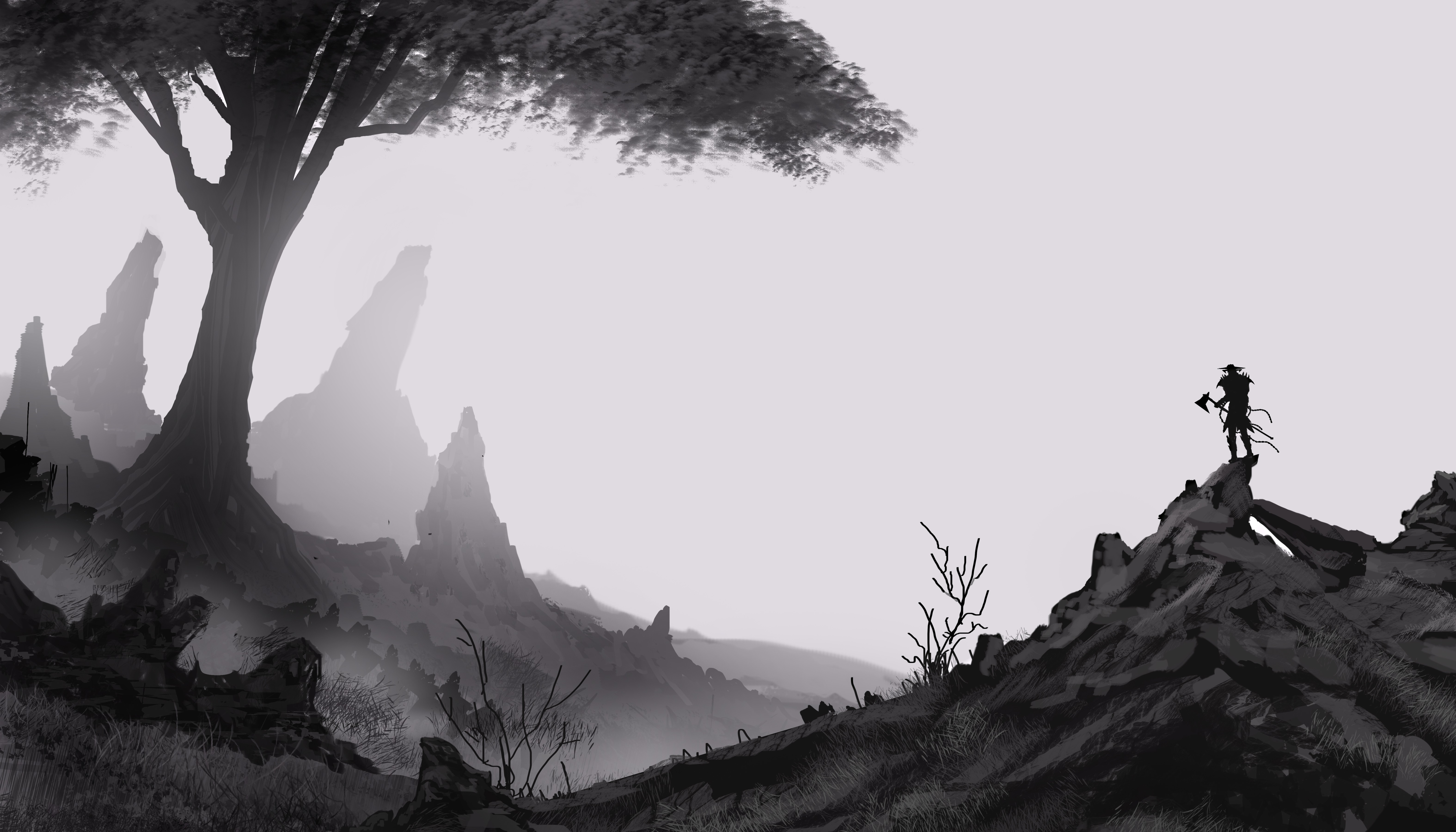 Monochrome landscape with a warrior holding an axe HD Wallpaper