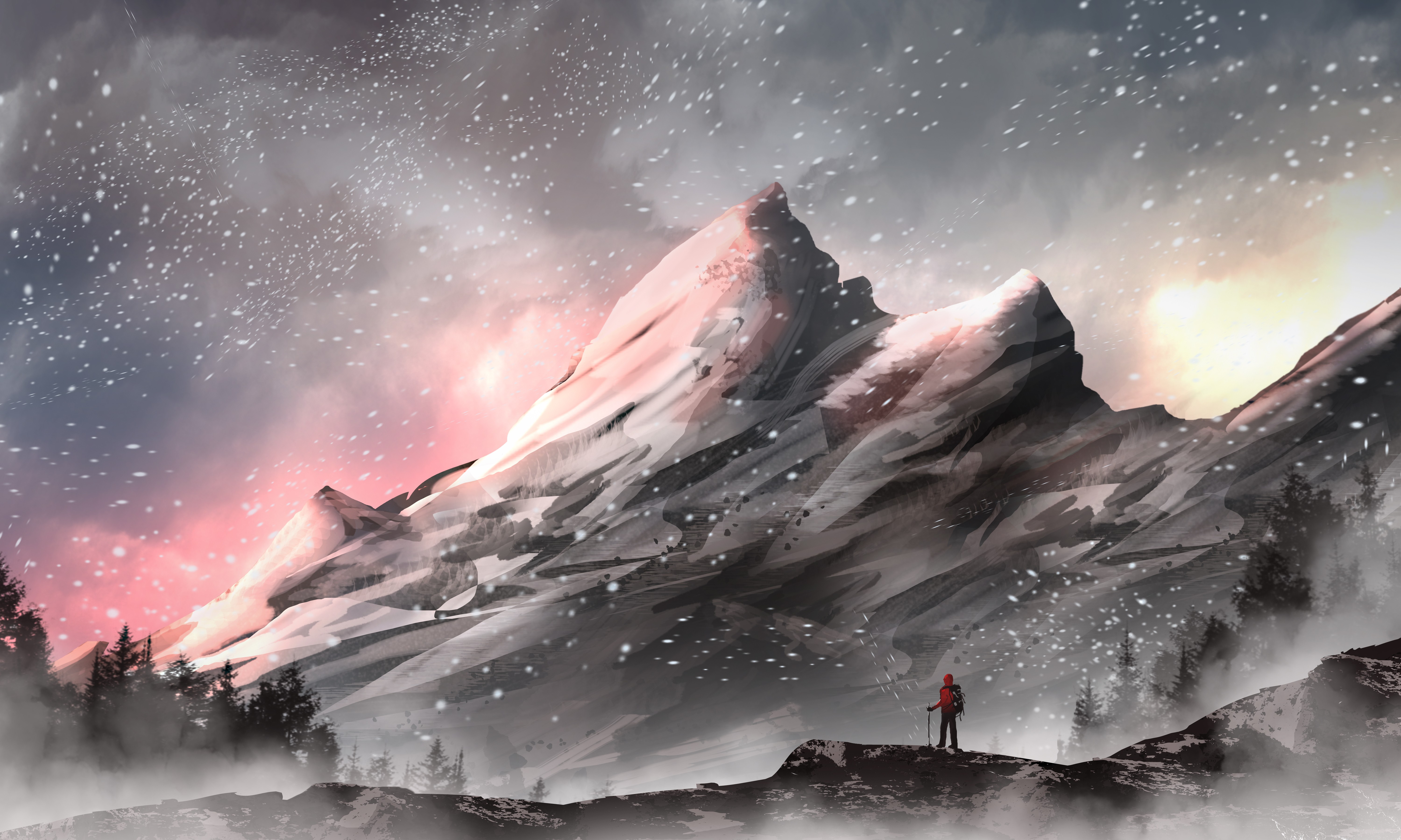 Snowy mountains with a lone hiker HD Wallpaper