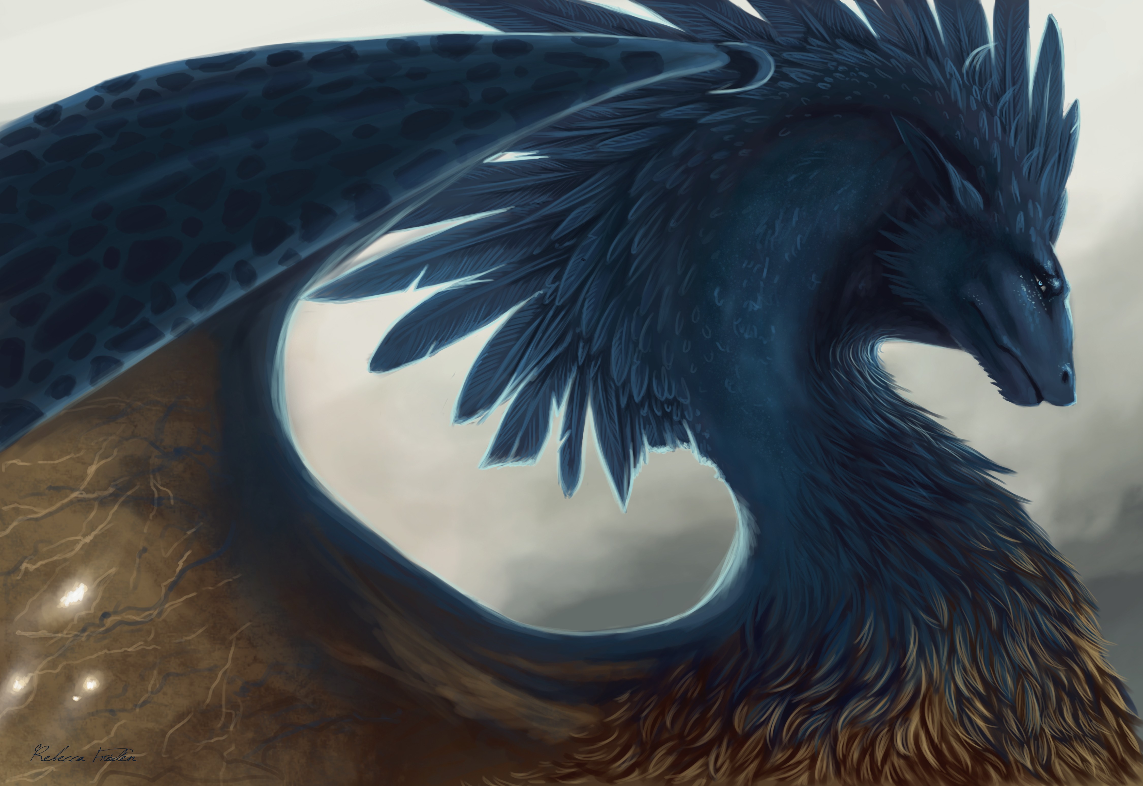 Blue feathered dragon with large wings HD Wallpaper