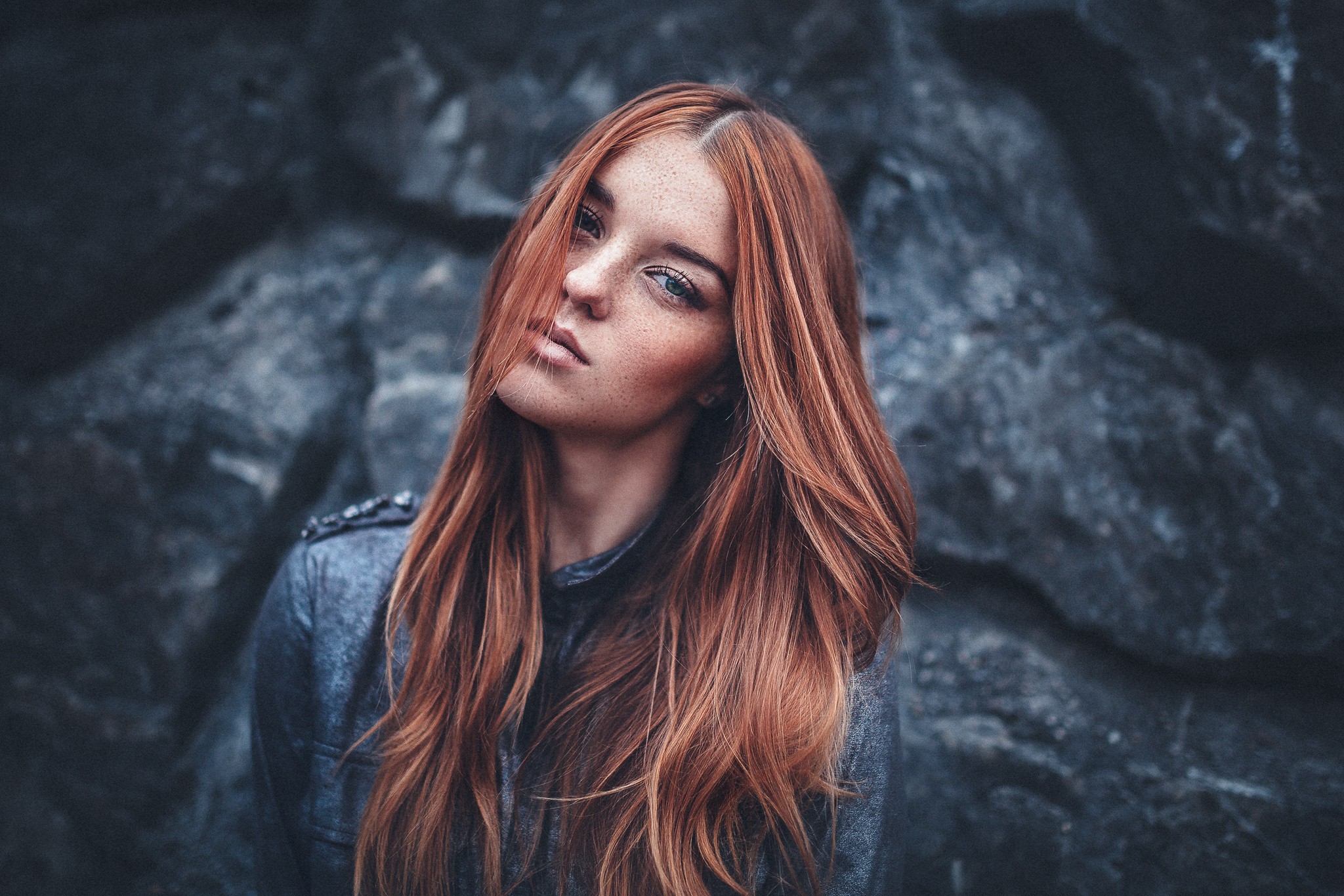 Redhead woman with freckles in a grey jacket HD Wallpaper