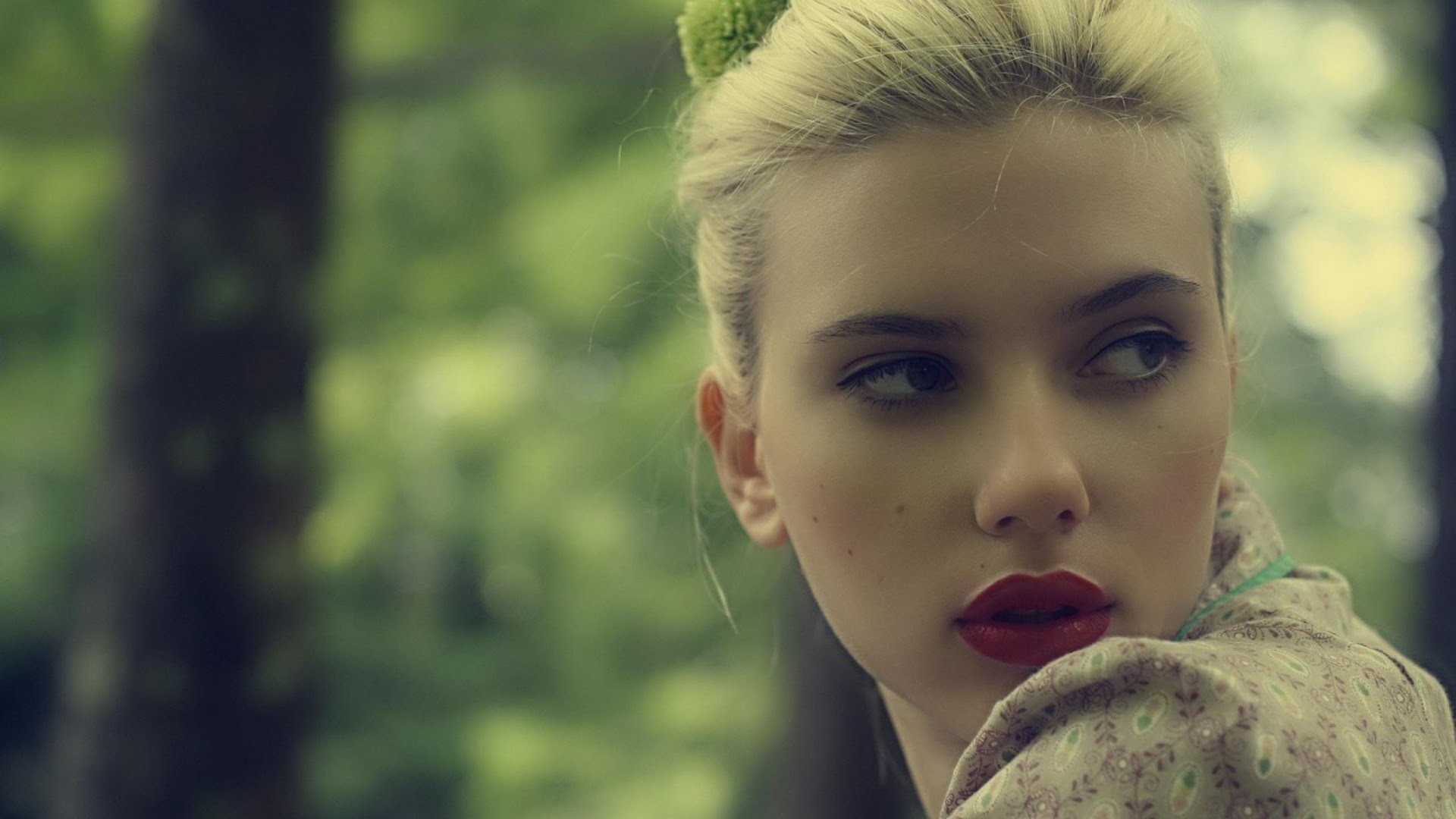 Scarlett Johansson in a forest setting HD Wallpaper