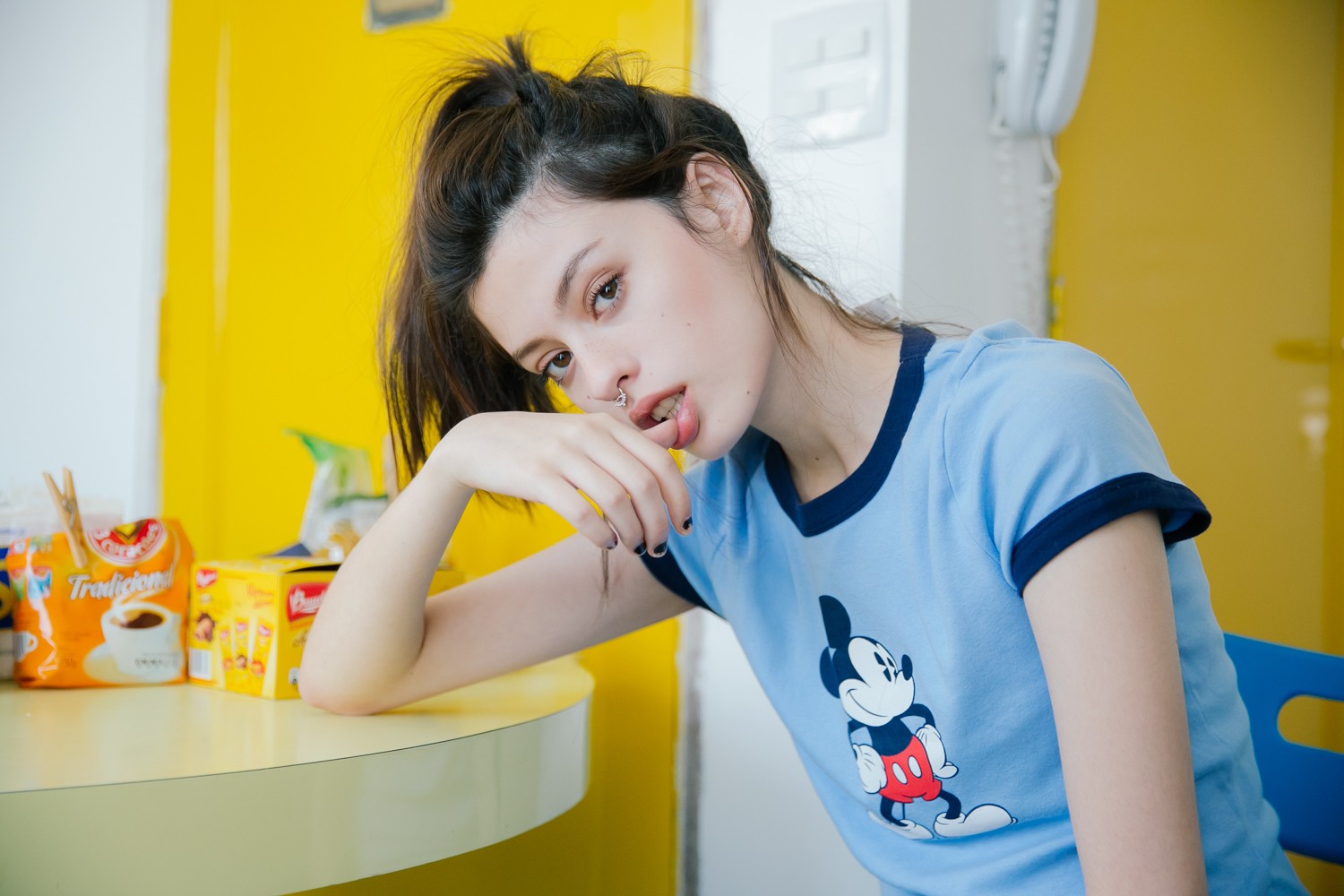 Woman with Mickey Mouse shirt and nose piercing HD Wallpaper