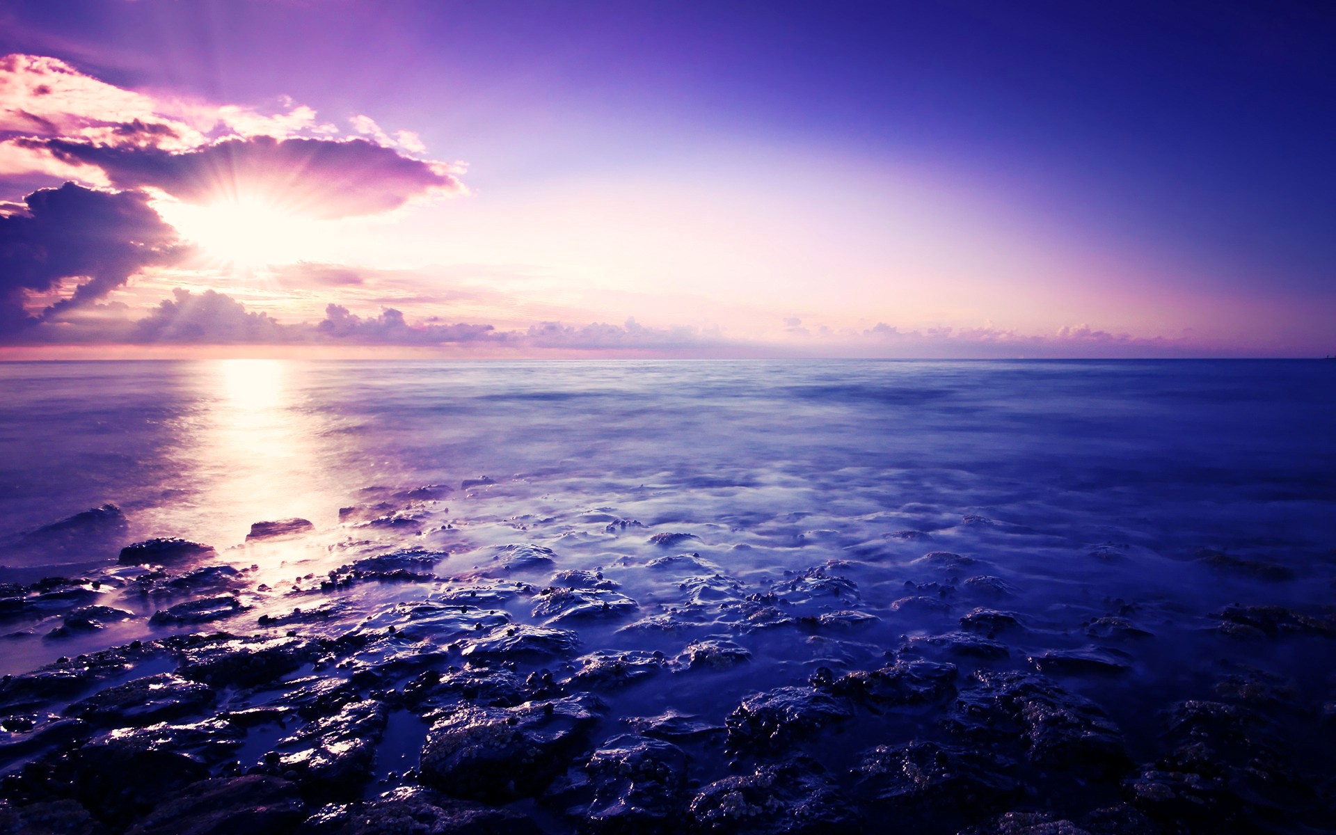 Purple Sunset Over the Ocean with Rocky Shore HD Wallpaper