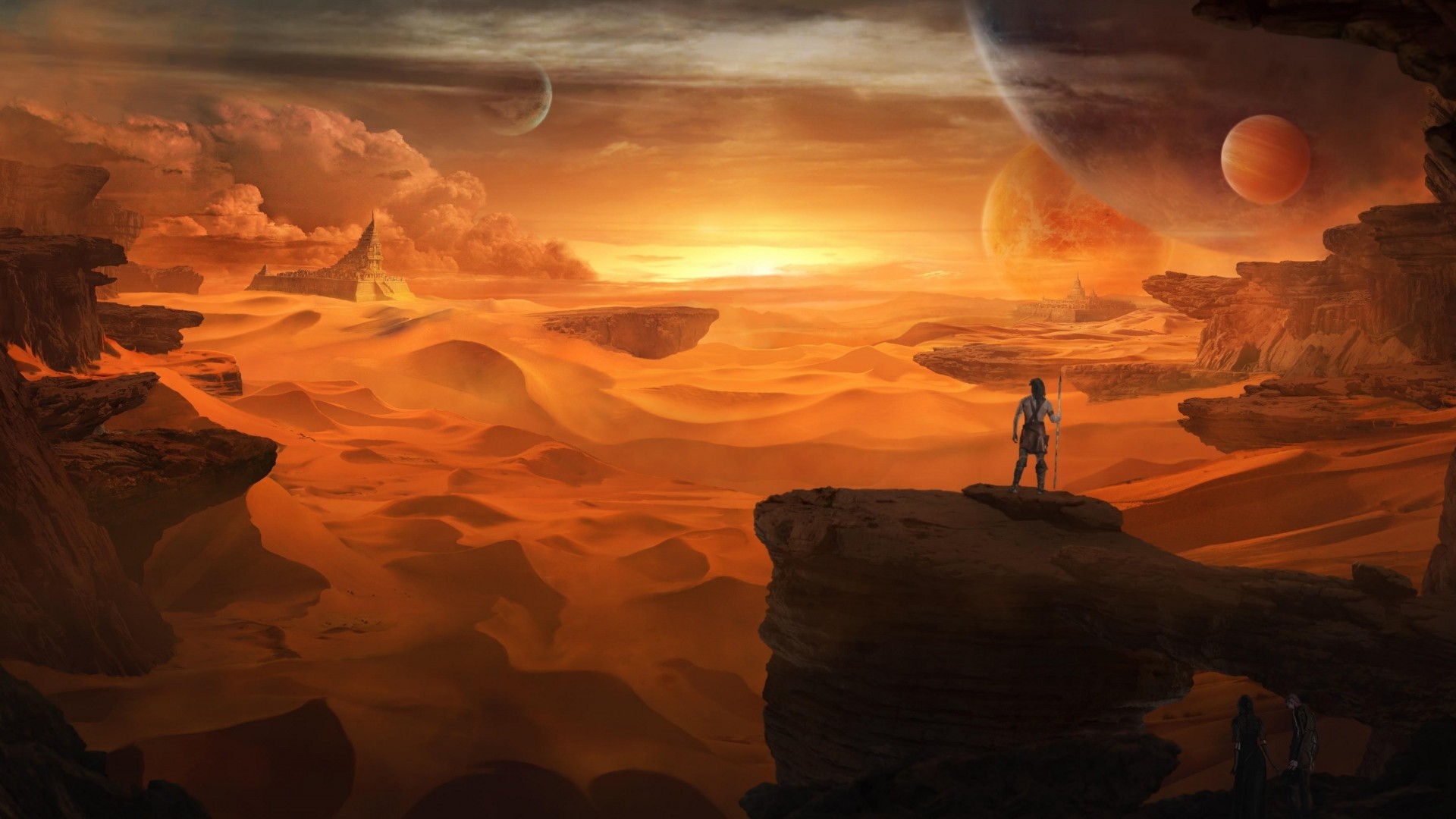 Alien desert landscape with planets in the sky HD Wallpaper