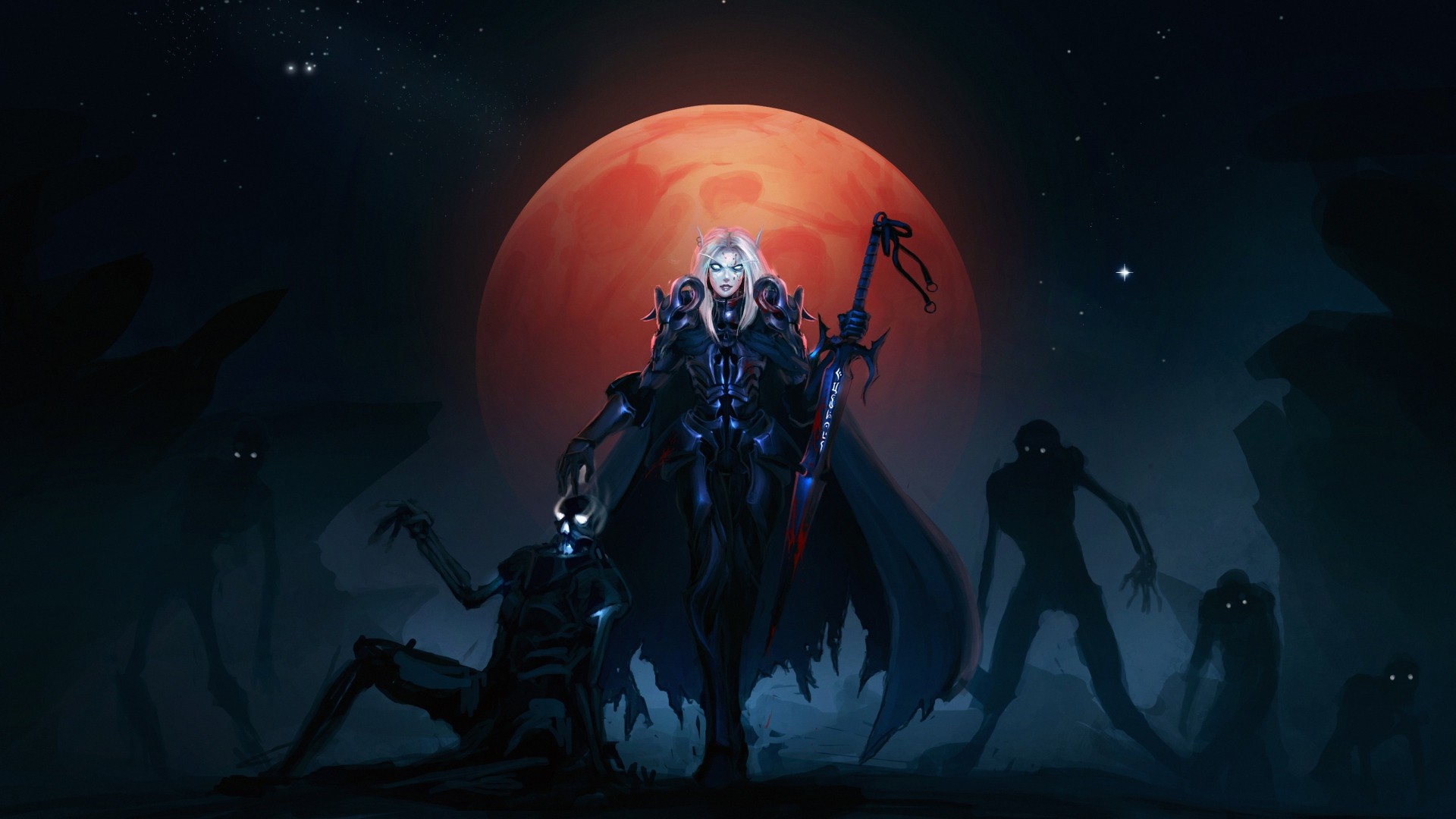 Fantasy art of a woman with a sword and zombies HD Wallpaper