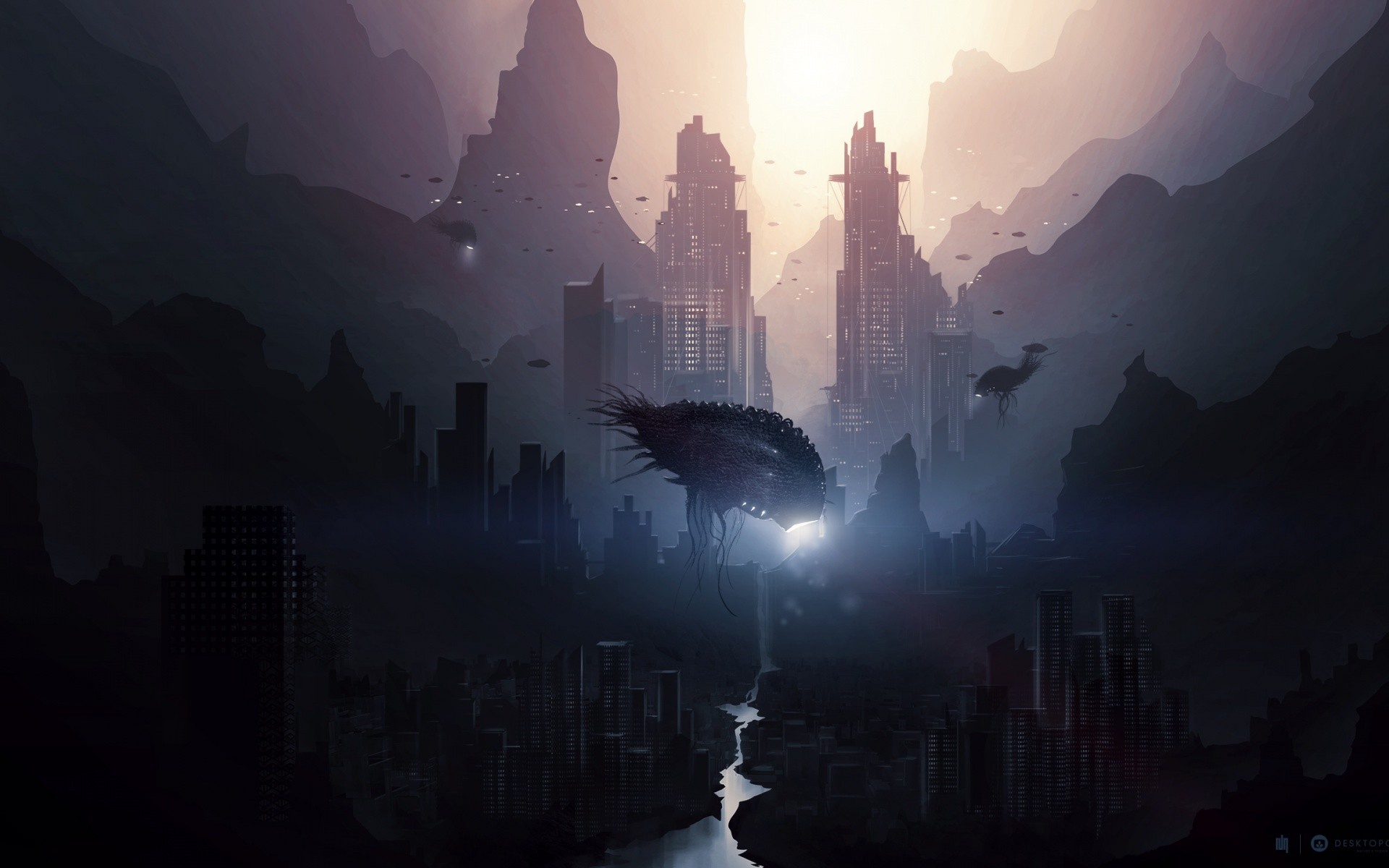 Alien creatures and futuristic city in a misty landscape HD Wallpaper