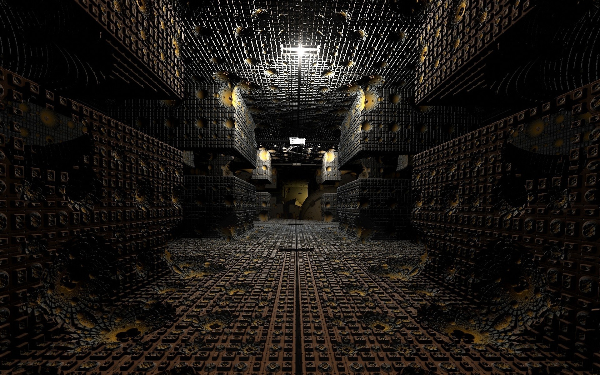 Dark fractal corridor with glowing lights HD Wallpaper