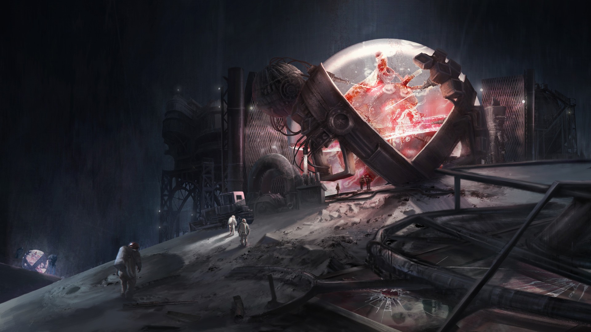 Astronauts explore a futuristic, damaged science fiction facility HD Wallpaper