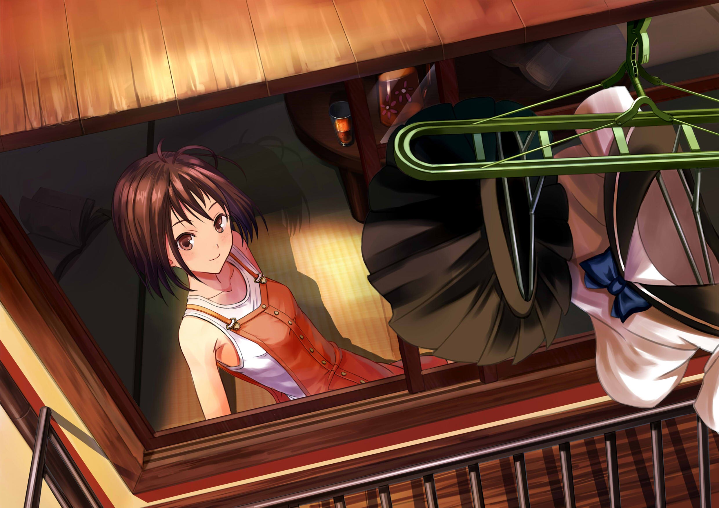 Anime girl looking out a window with laundry HD Wallpaper