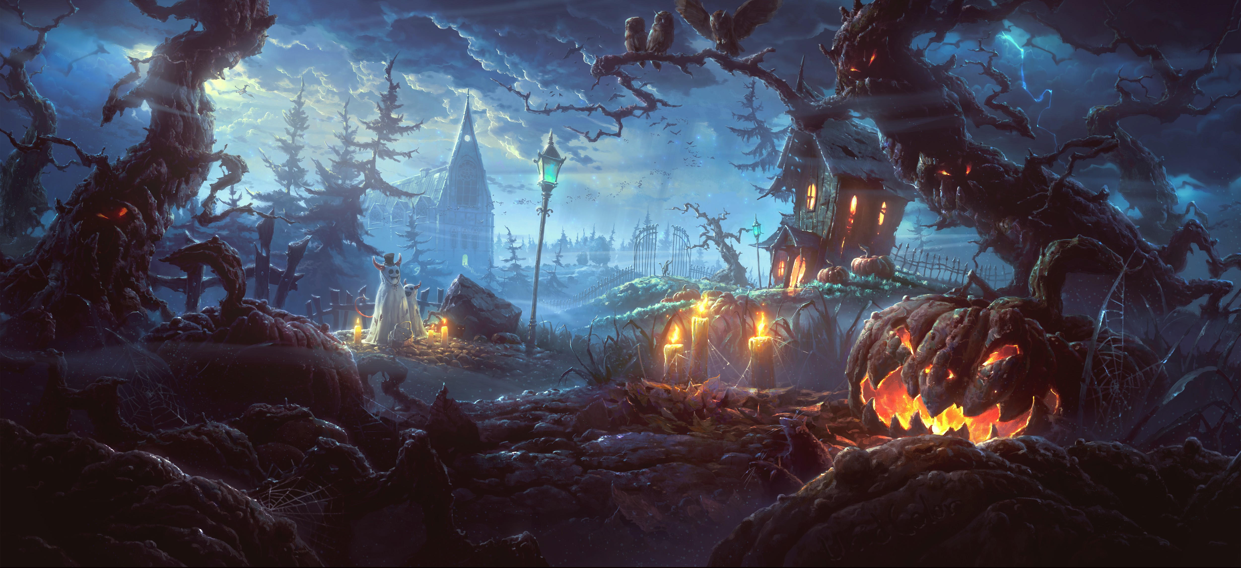Halloween night with spooky trees and pumpkins HD Wallpaper
