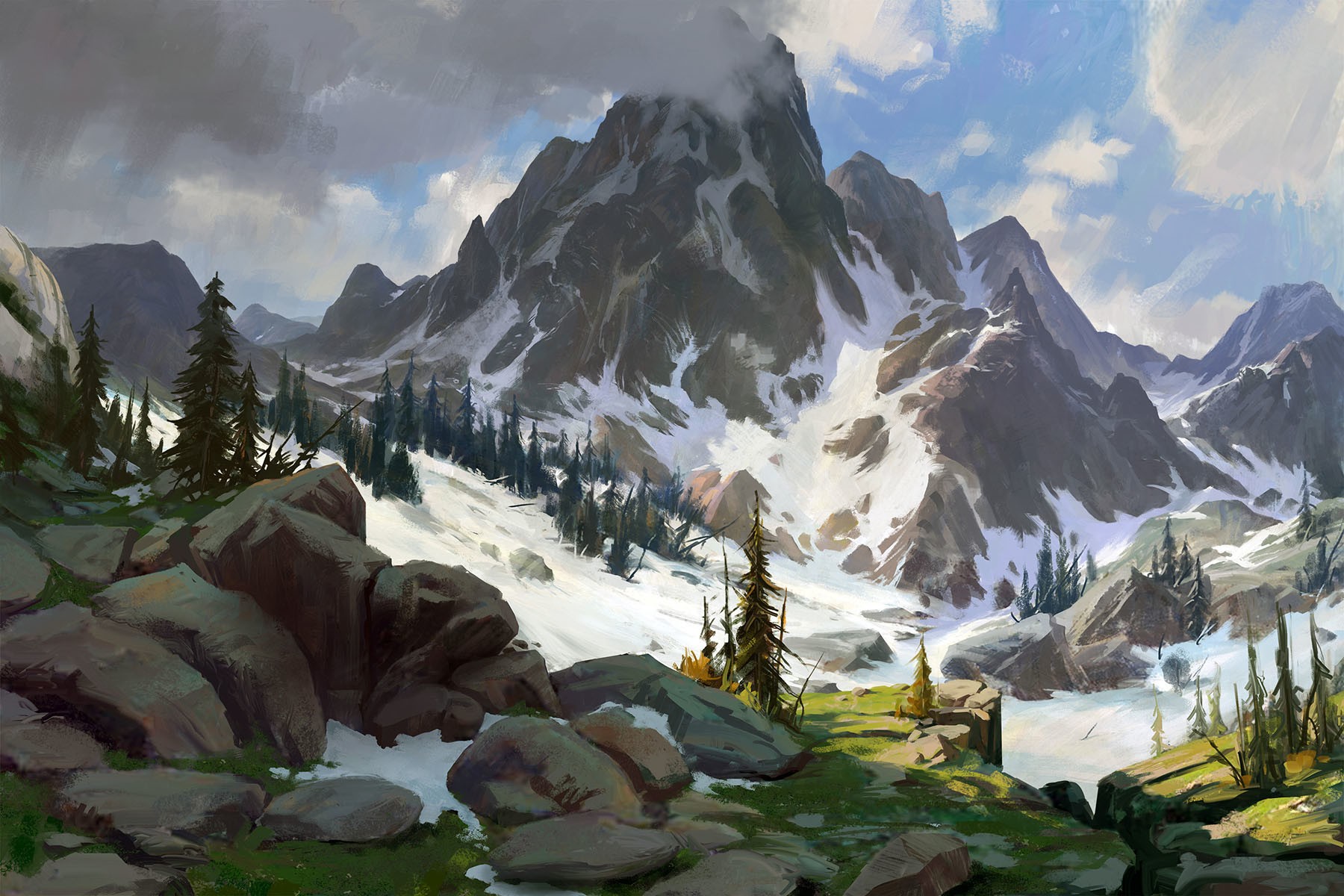 Snow-capped mountains with pine trees and rocks HD Wallpaper