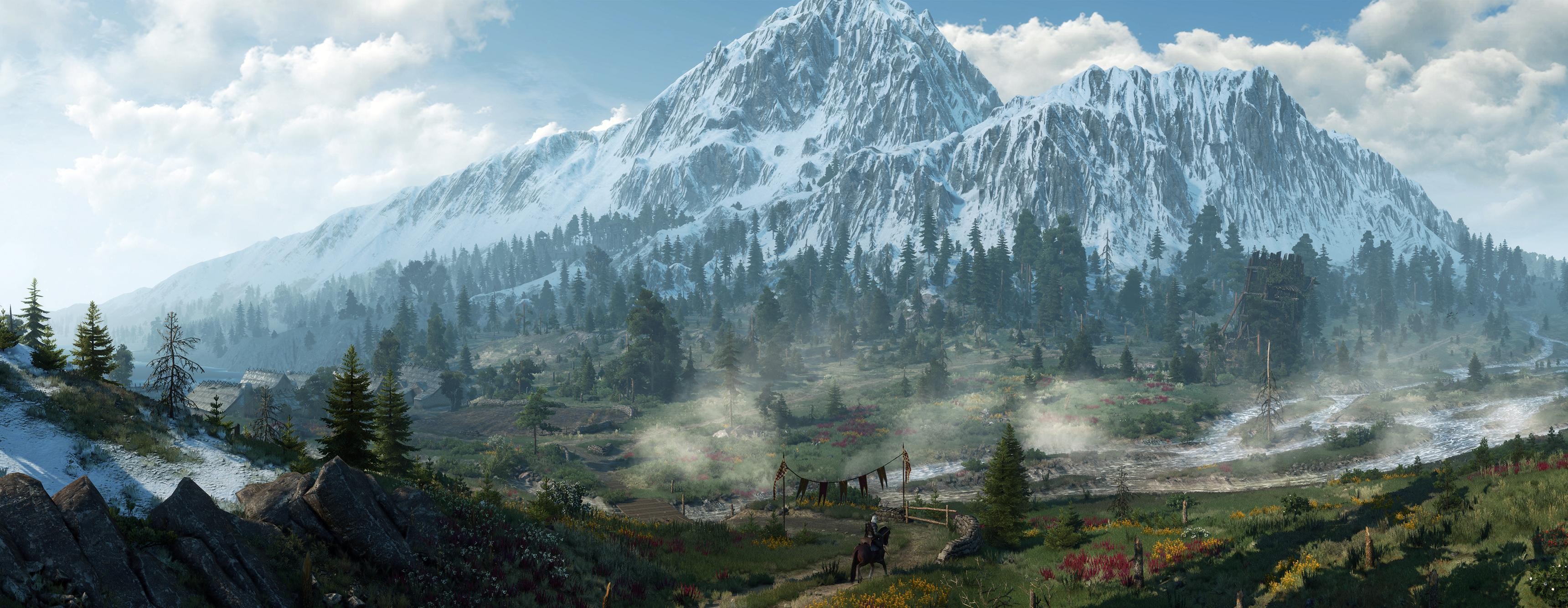 The Witcher 3: Wild Hunt landscape with mountains and village HD Wallpaper